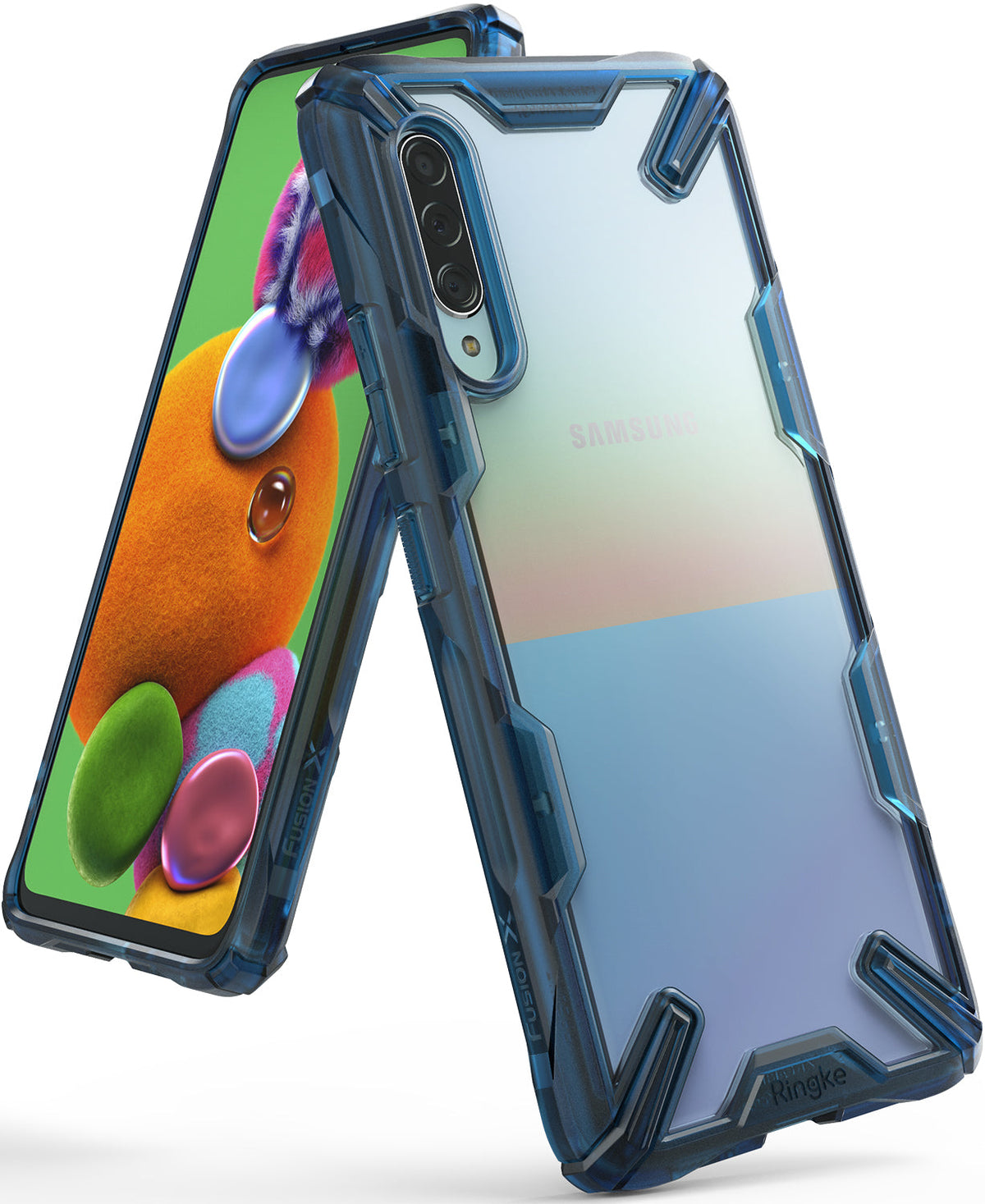 Galaxy A90 5G Case | Fusion-X - Blue rugged transparent phone case on a Samsung Galaxy A90 5G with a colorful screen display.