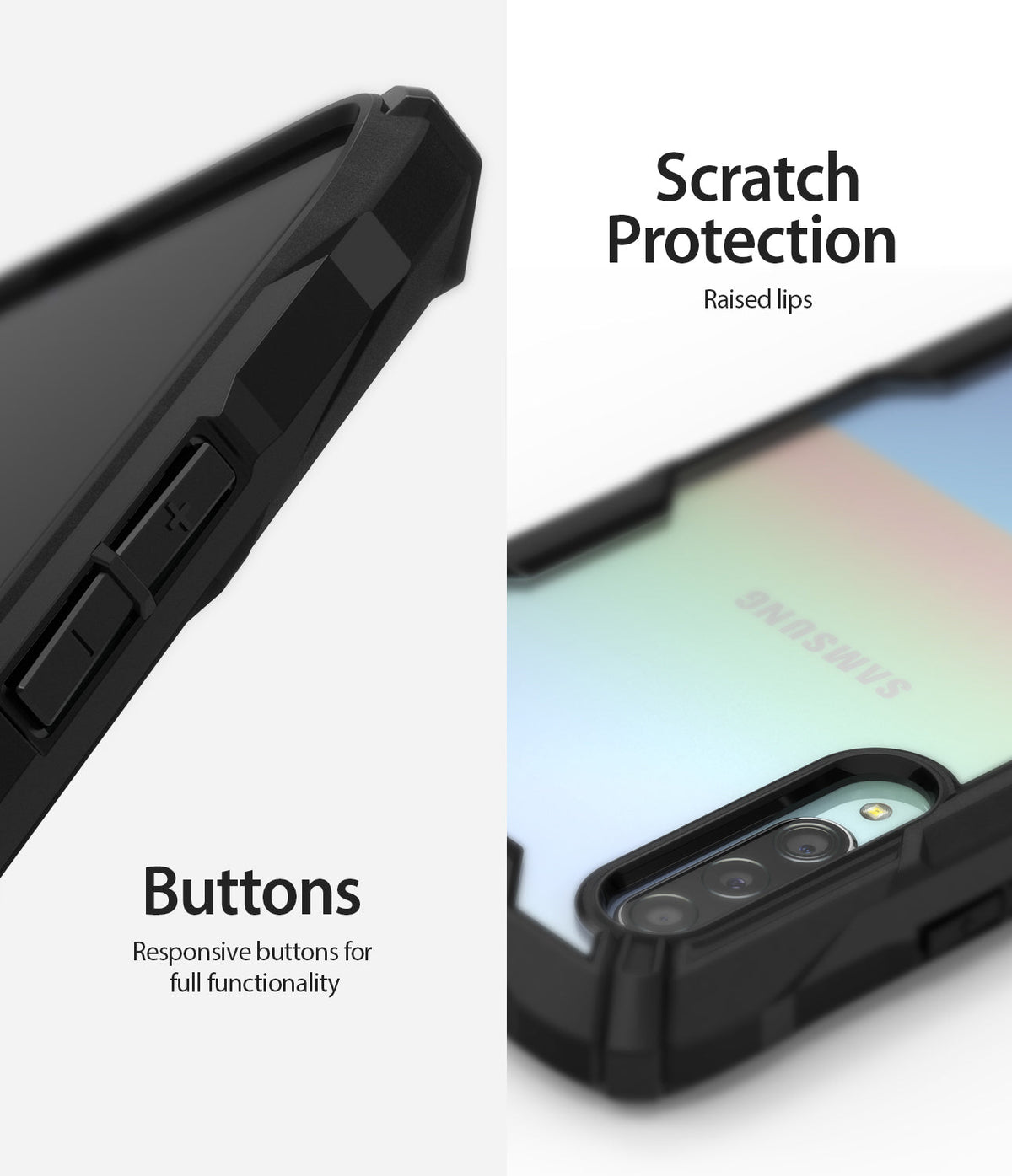 Galaxy A90 5G Case | Fusion-X - Close-up of responsive buttons and raised lips for scratch protection on a black phone case.