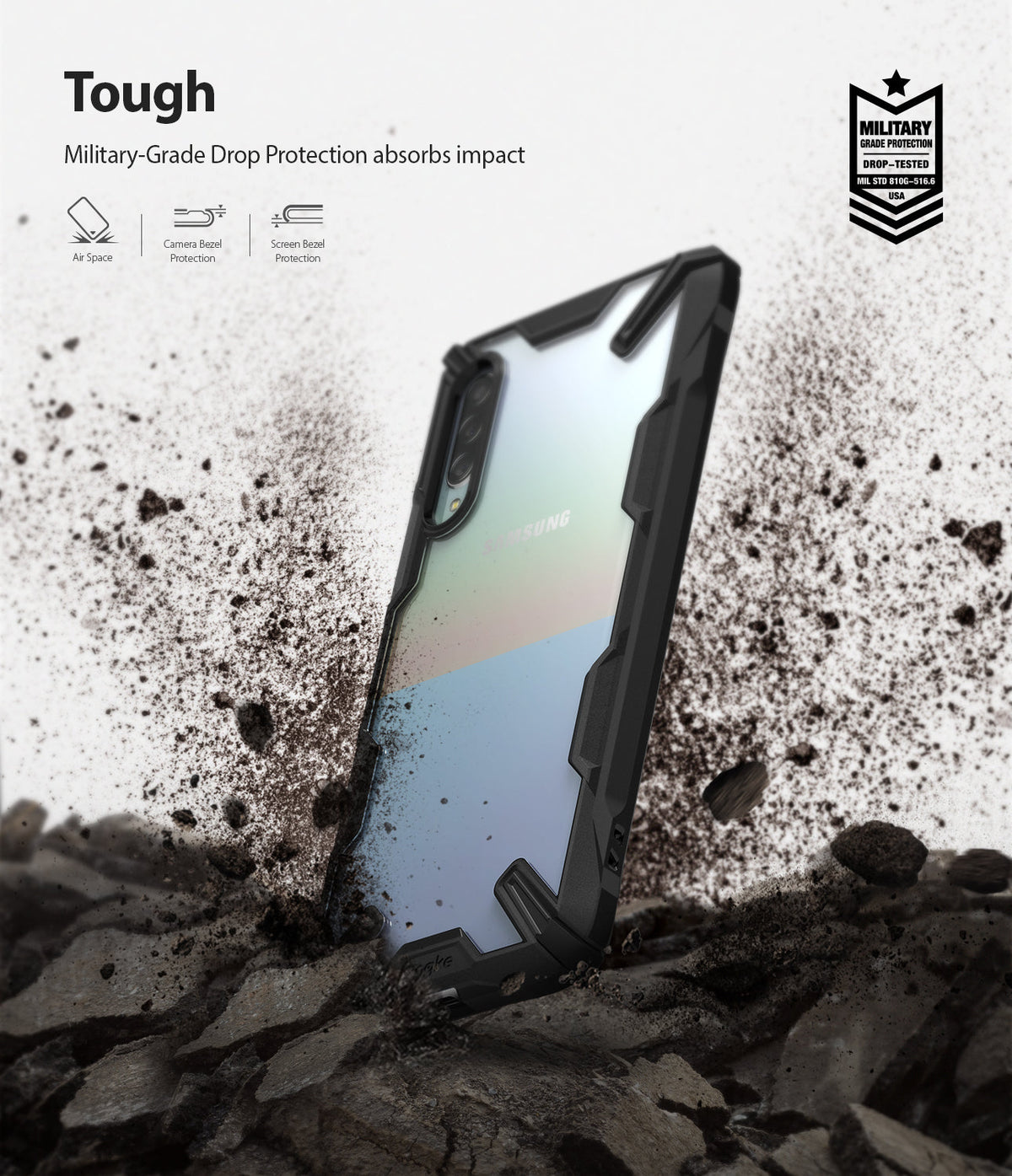 Galaxy A90 5G Case | Fusion-X - Rugged black phone case with clear back, shown hitting dirt with military-grade drop protection.
