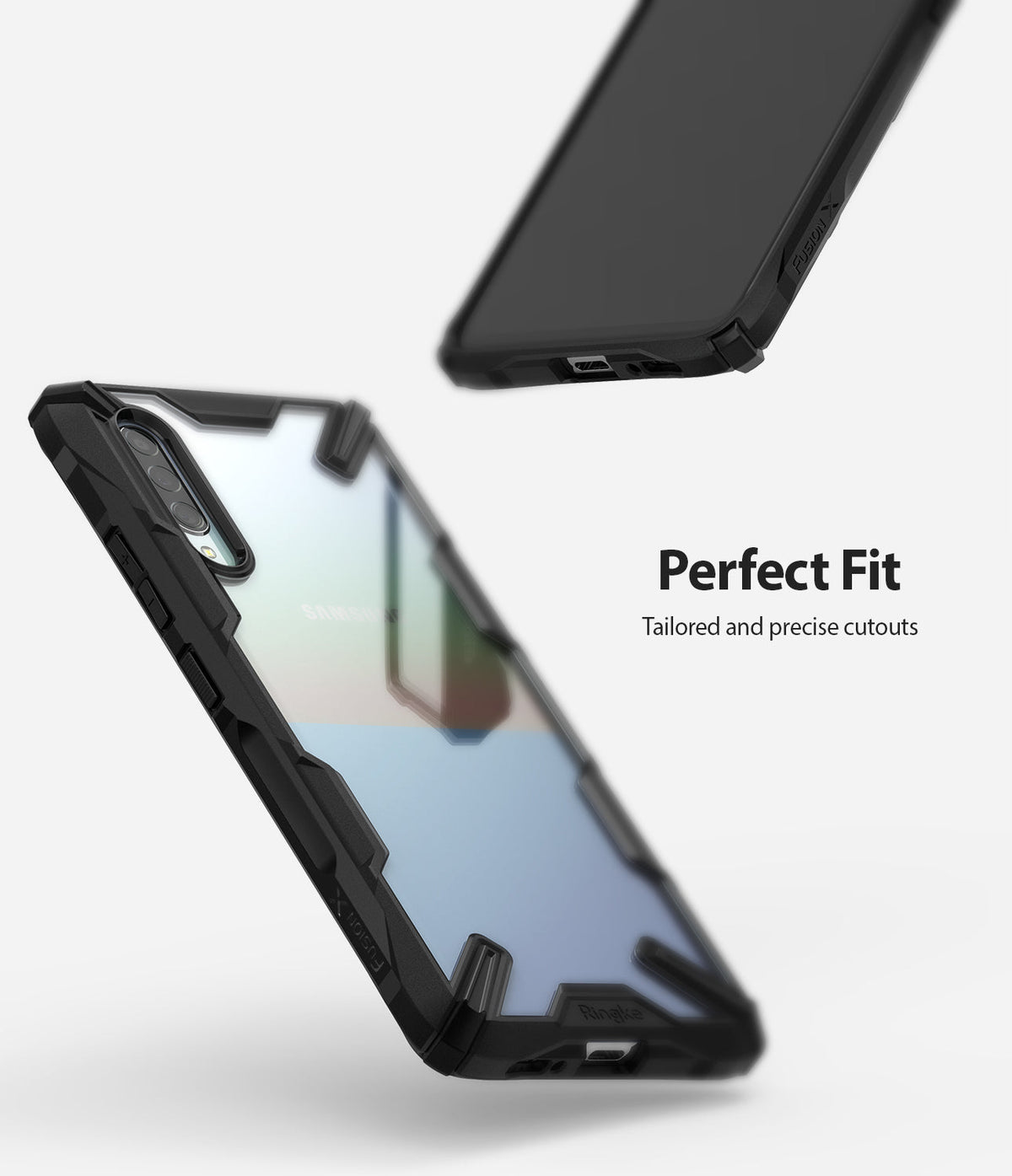 Galaxy A90 5G Case | Fusion-X - Black rugged phone case with clear back and precise cutouts shown from front and back.