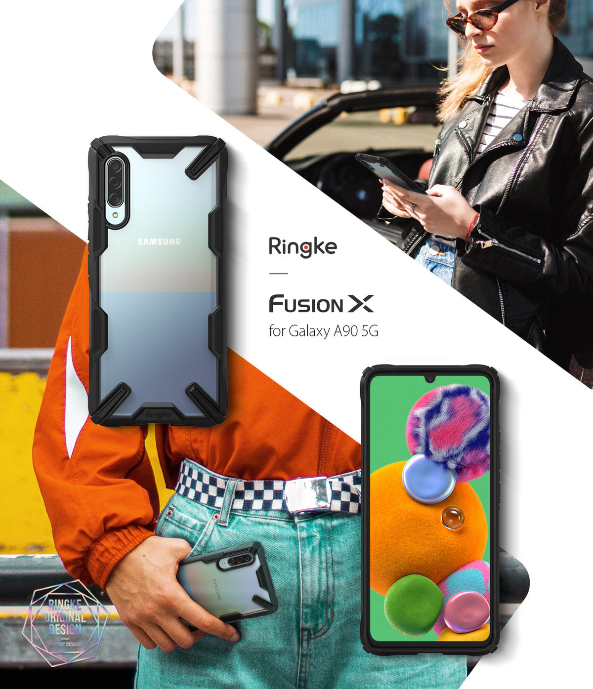 Galaxy A90 5G Case | Fusion-X - Black rugged phone case on a Galaxy A90 5G, shown from front and back with lifestyle shots.