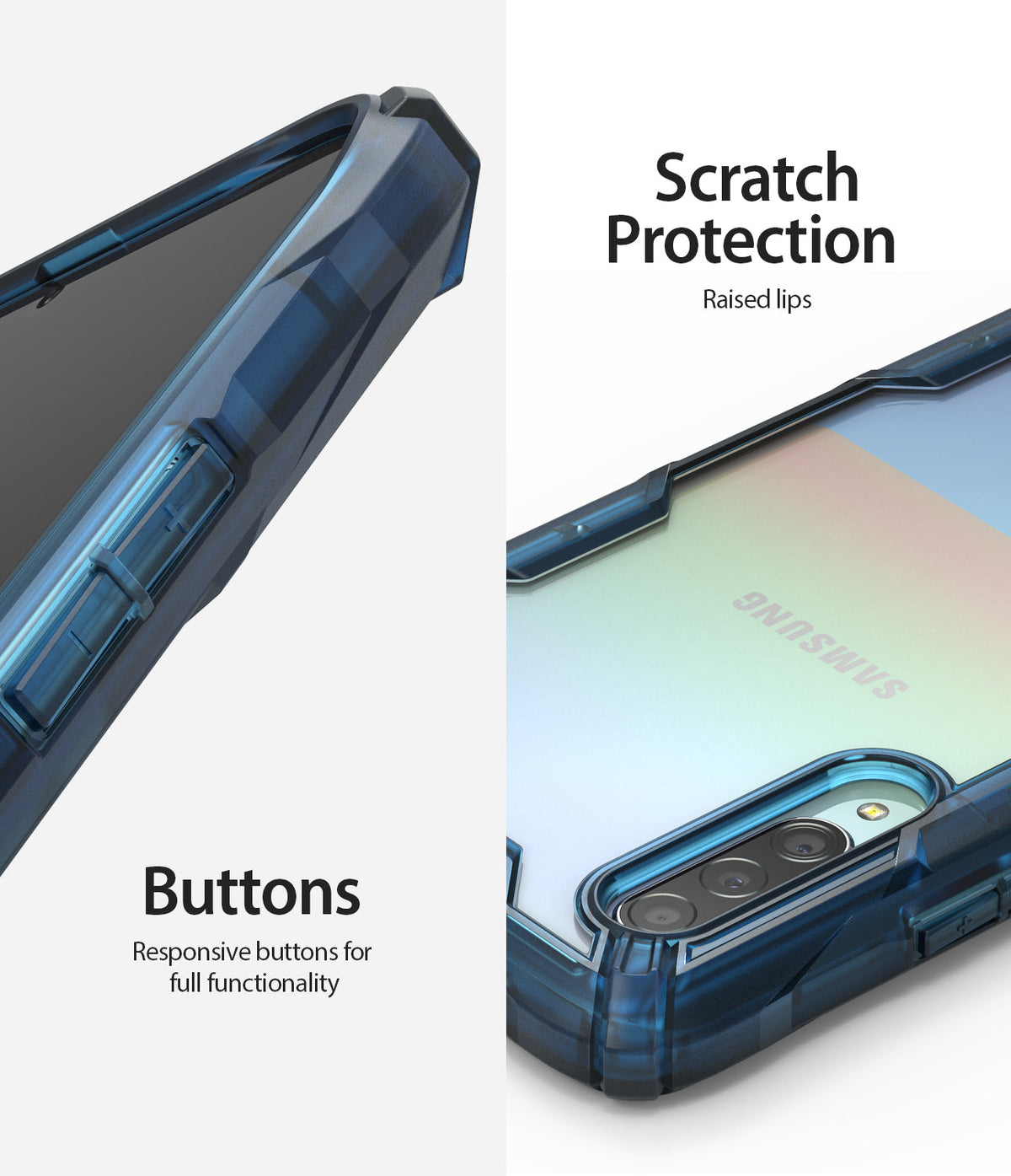 Galaxy A90 5G Case | Fusion-X - Close-up of blue protective phone case showing responsive buttons and raised camera lips.