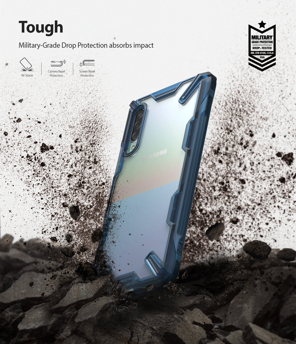Galaxy A90 5G Case | Fusion-X - Blue protective phone case standing in dirt with military-grade drop protection icons.
