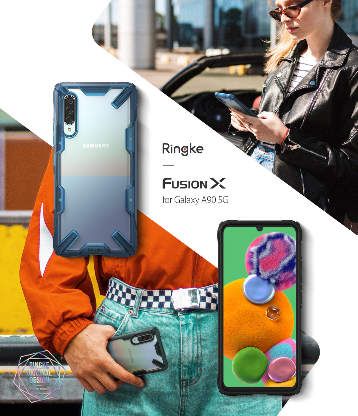 Galaxy A90 5G Case | Fusion-X - Blue rugged phone case on a Galaxy A90 5G, shown in a lifestyle collage with a person.