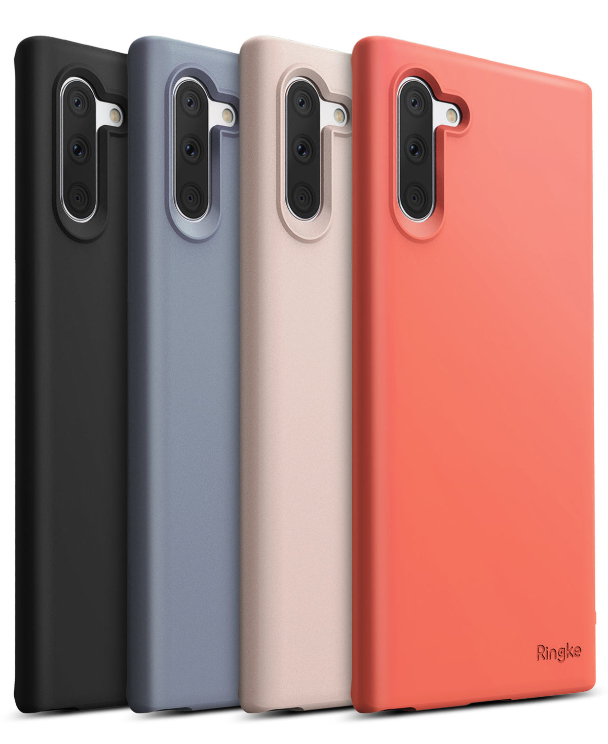Galaxy Note 10 Case | Air-S - Four Galaxy Note 10 cases in black, blue, beige, and coral arranged in a row, showing camera cutouts.