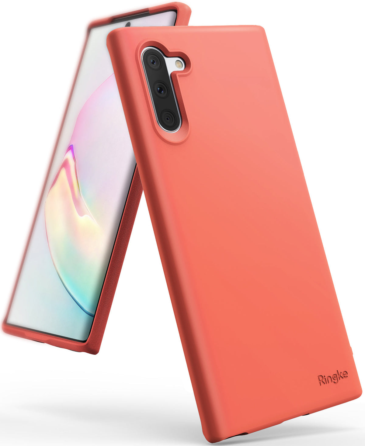 Galaxy Note 10 Case | Air-S - Coral-colored slim phone case on a Galaxy Note 10, showing back camera cutout and front screen.