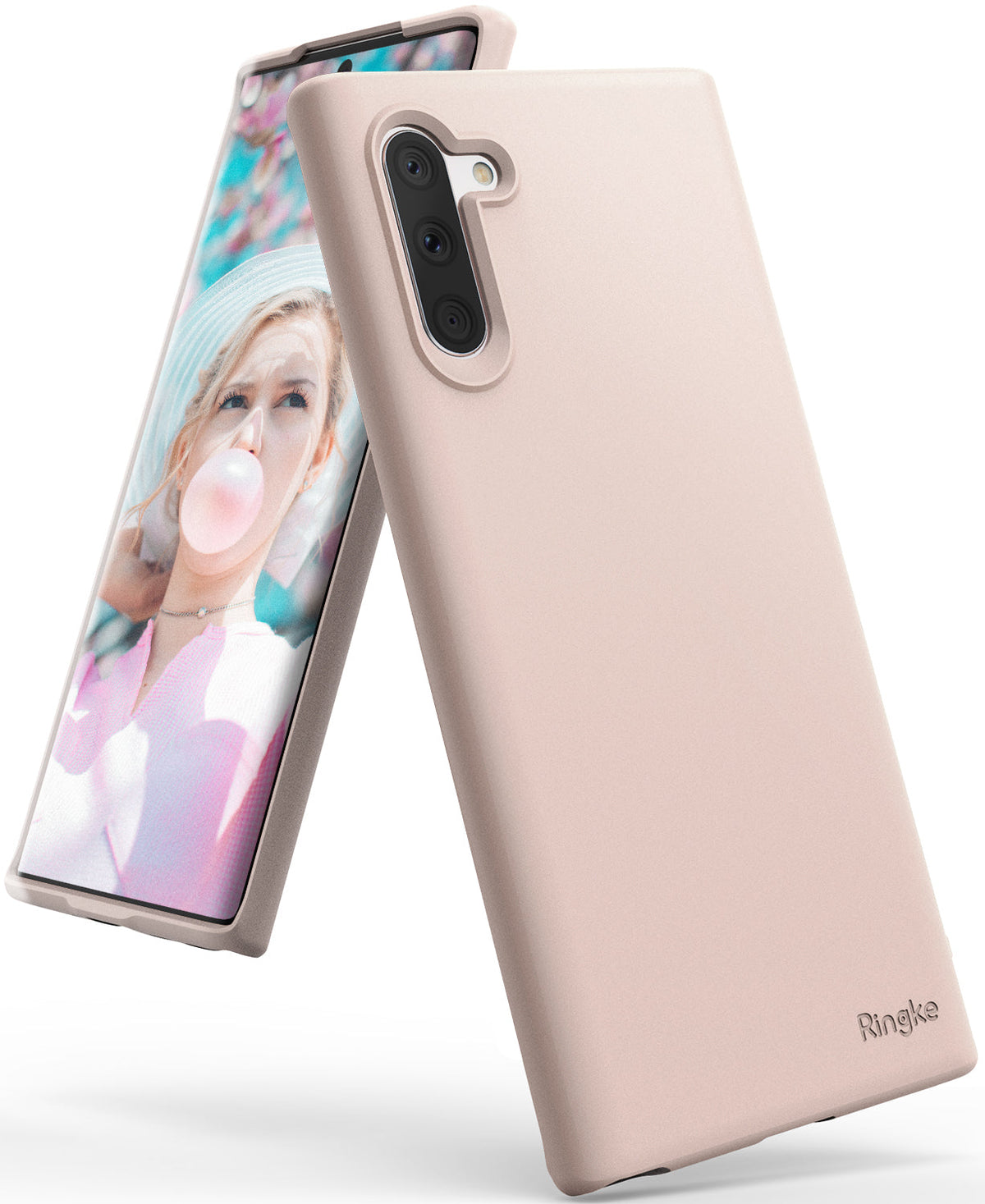 Galaxy Note 10 Case | Air-S - Pink Sand slim phone case on a Galaxy Note 10 displaying a woman blowing a bubblegum bubble.