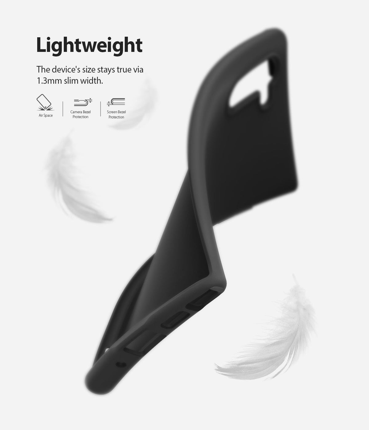 Galaxy Note 10 Case | Air-S - A flexible, slim black phone case shown with white feathers to emphasize its lightweight design.