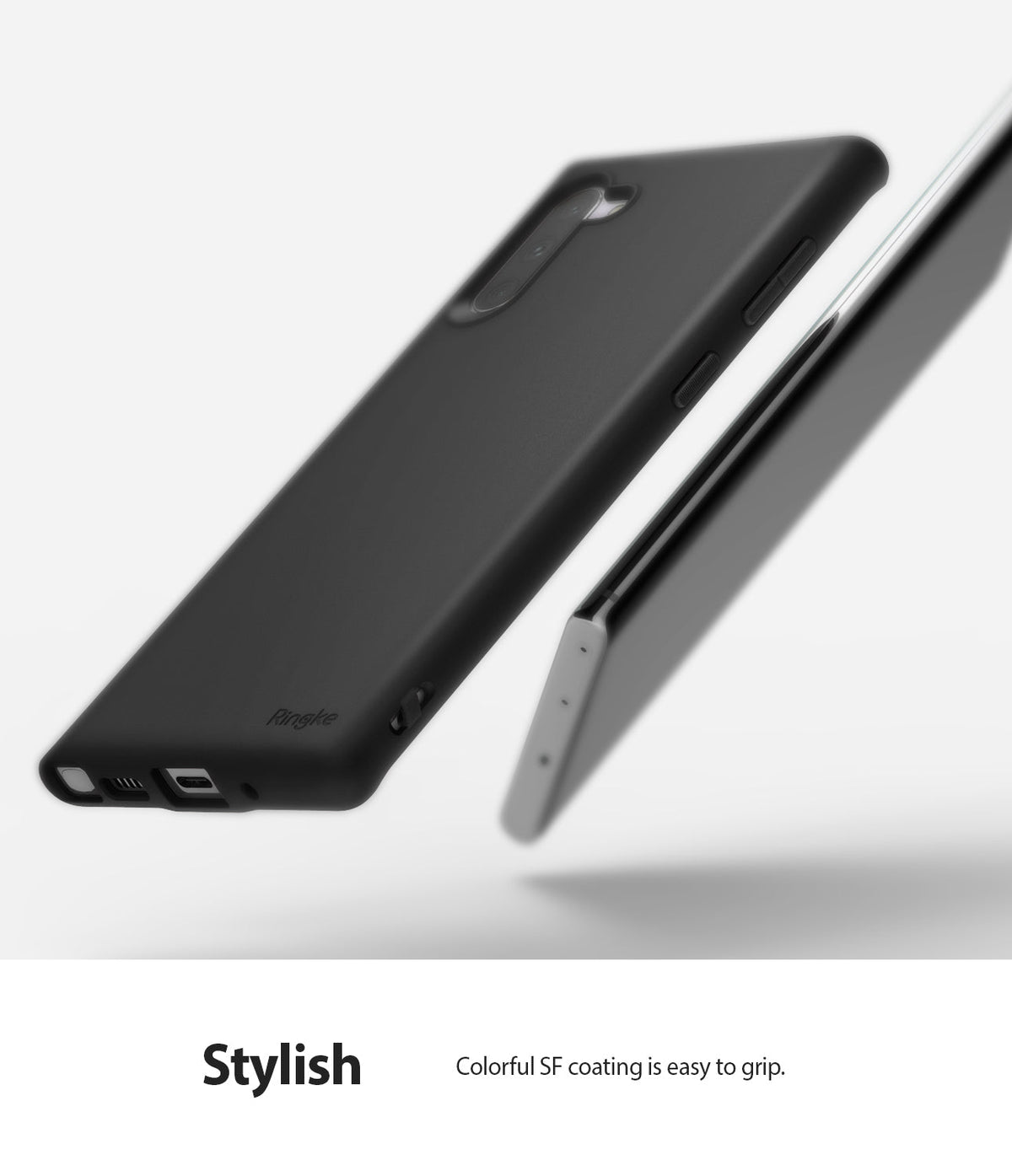 Galaxy Note 10 Case | Air-S - A matte black phone case floating next to a silver smartphone against a white background.