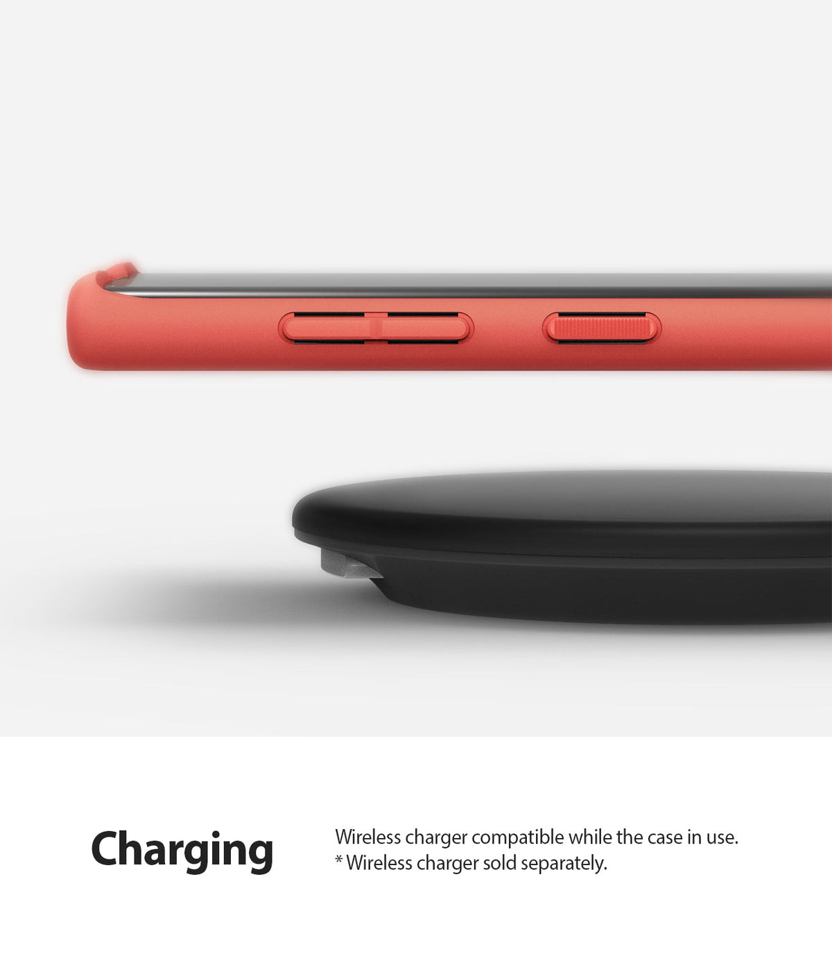 Galaxy Note 10 Case | Air-S - Coral phone case on a smartphone hovering above a black wireless charging pad.