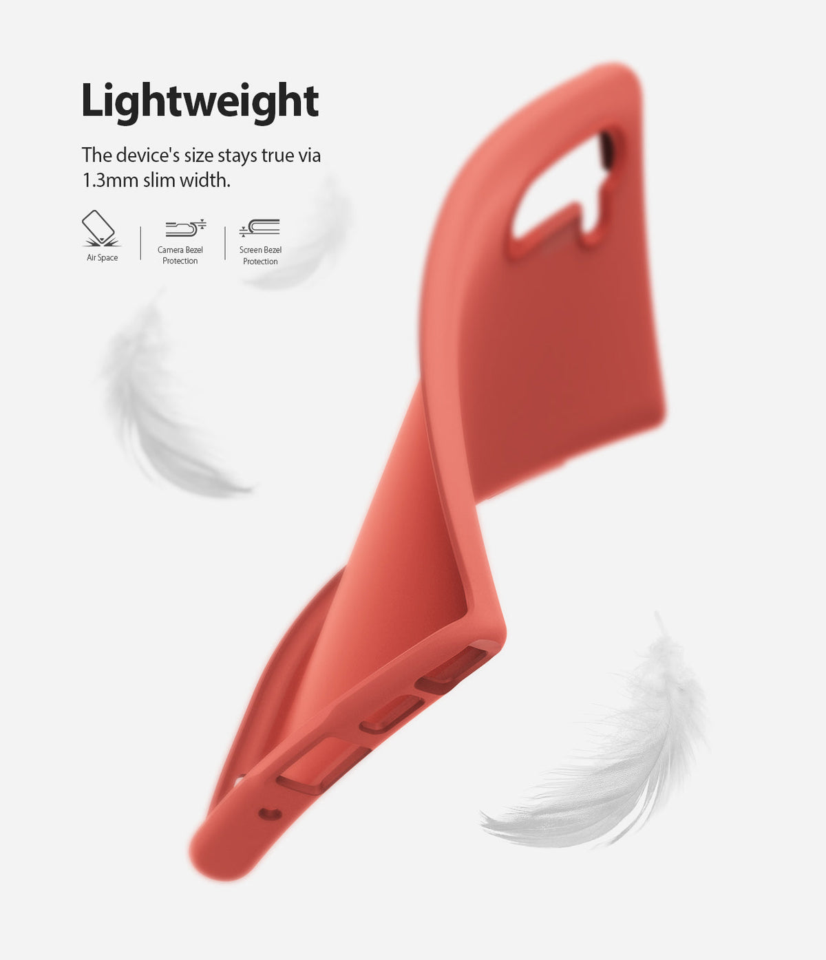 Galaxy Note 10 Case | Air-S - A coral-colored, flexible phone case floating with white feathers, highlighting its lightweight design.