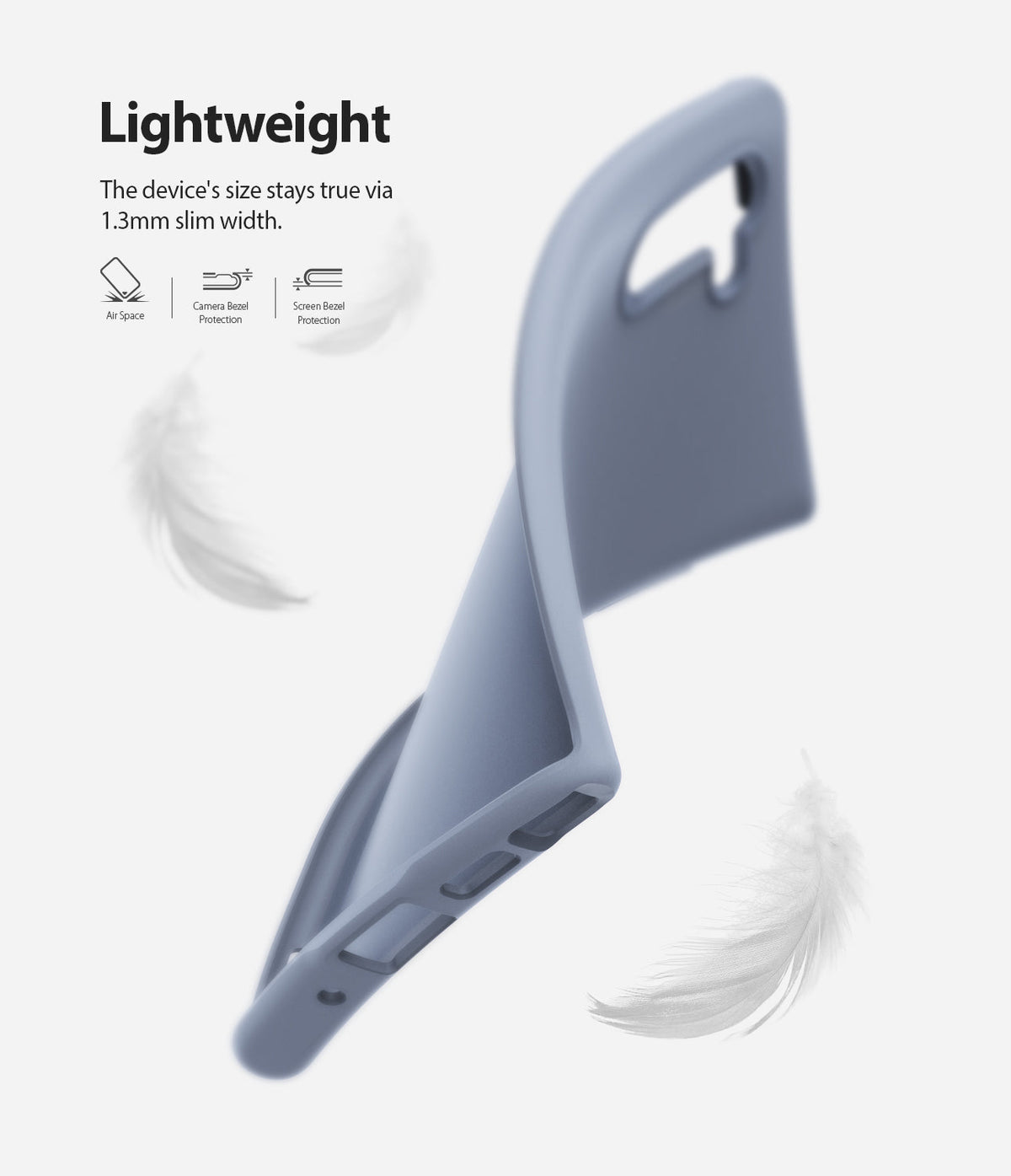 Galaxy Note 10 Case | Air-S - A flexible, lavender-gray phone case floating among white feathers, highlighting its slim design.