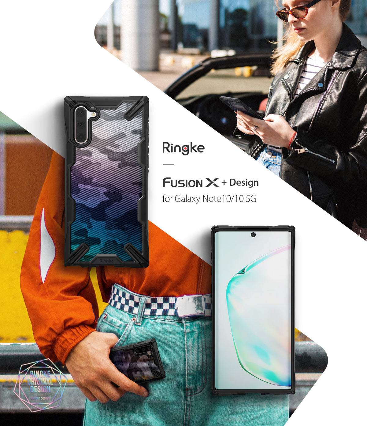 Galaxy Note 10 Case | Fusion-X - Camo black phone case for Galaxy Note 10 shown with a person holding the device in an urban setting.