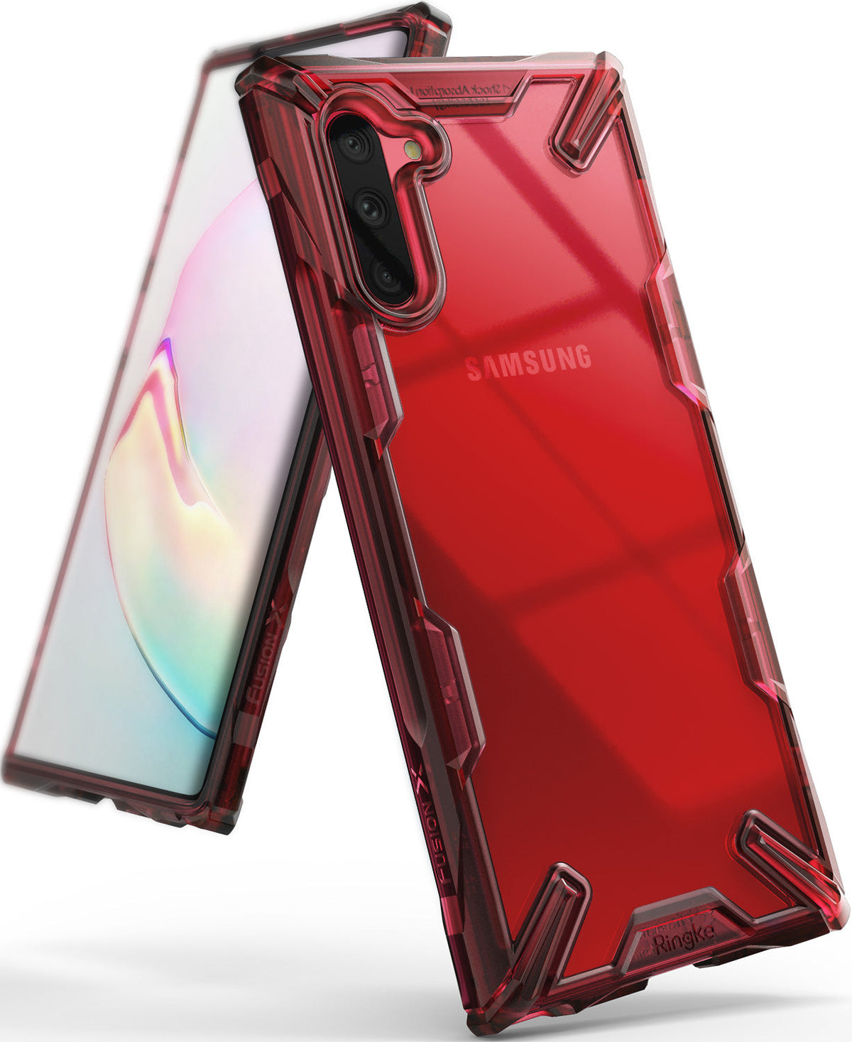 Galaxy Note 10 Case | Fusion-X - Ruby red transparent protective case on a Samsung Galaxy Note 10 smartphone.