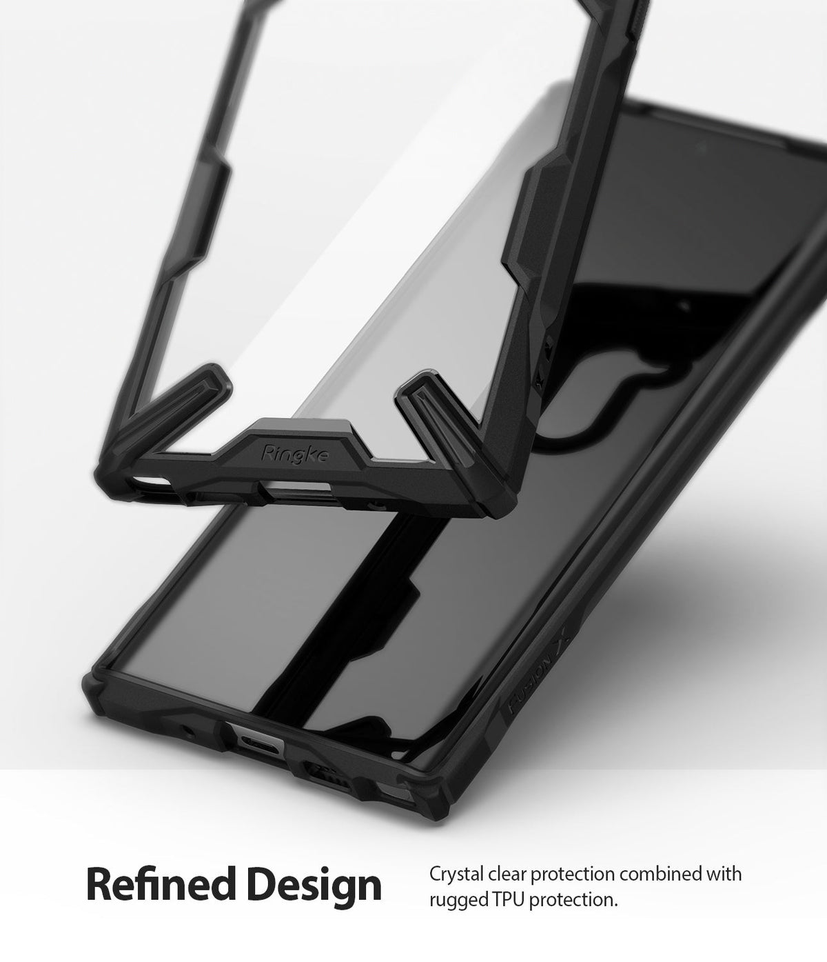 Galaxy Note 10 Case | Fusion-X - A rugged black TPU frame with a clear back panel hovering over a Galaxy Note 10 smartphone.
