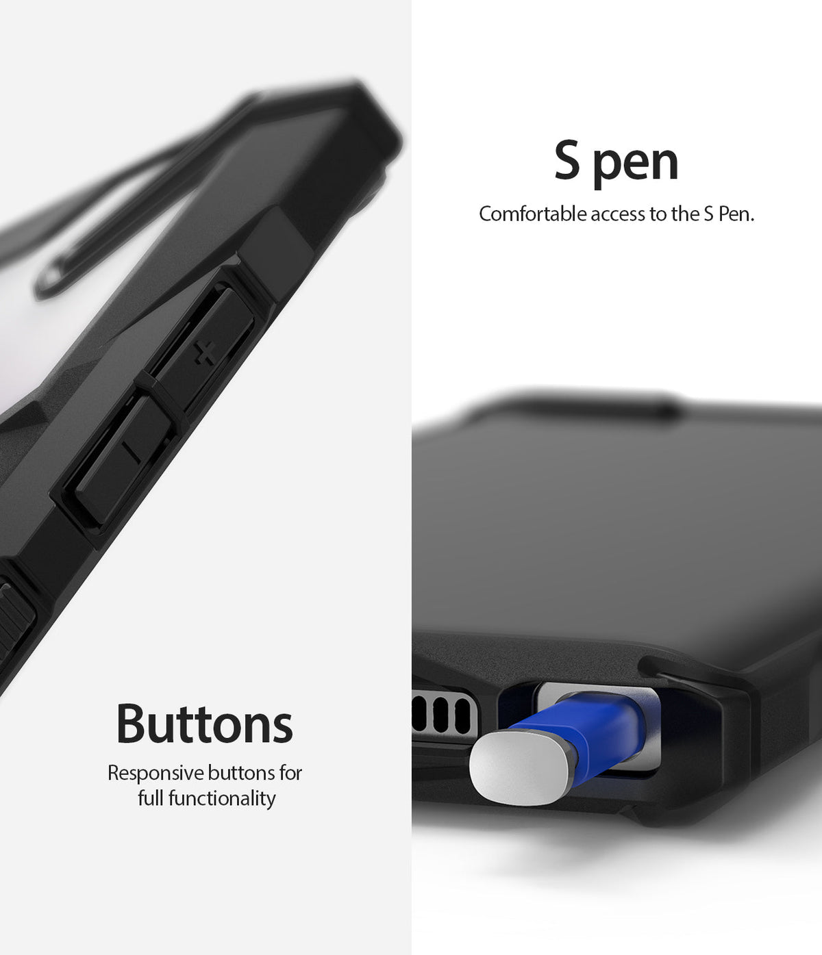 Galaxy Note 10 Case | Fusion-X - Close-up of responsive side buttons and easy access to the S Pen on a black phone case.