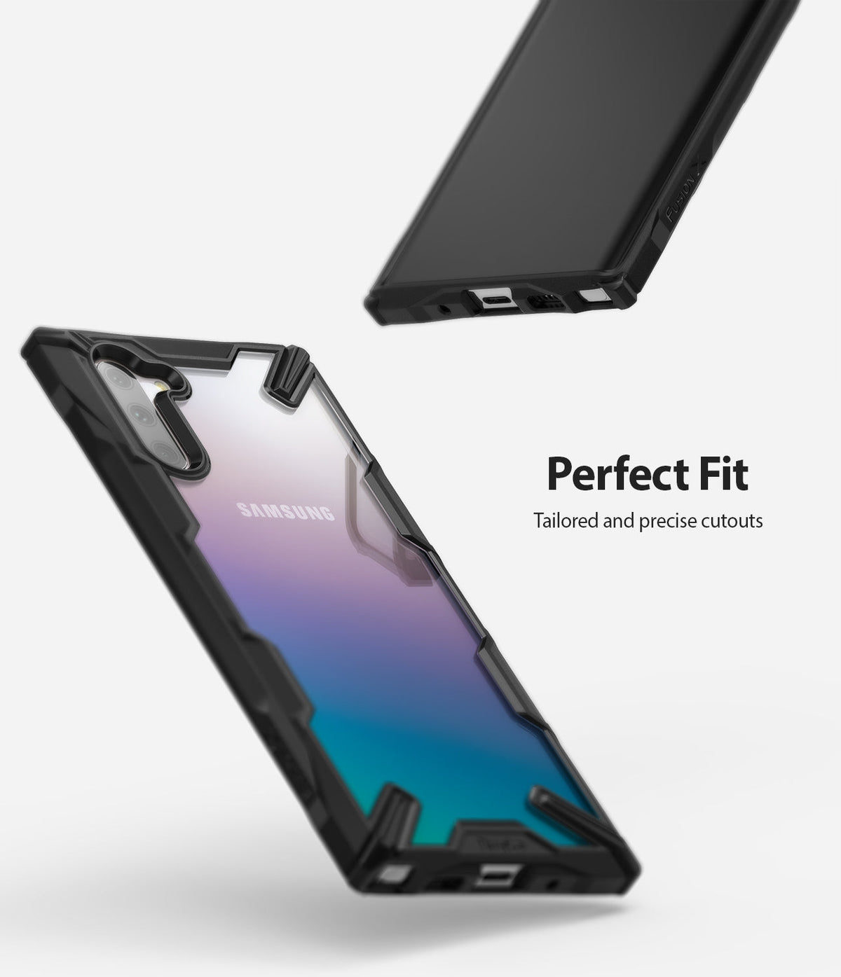 Galaxy Note 10 Case | Fusion-X - Two views of a black Fusion-X phone case showing precise cutouts and a clear back panel.