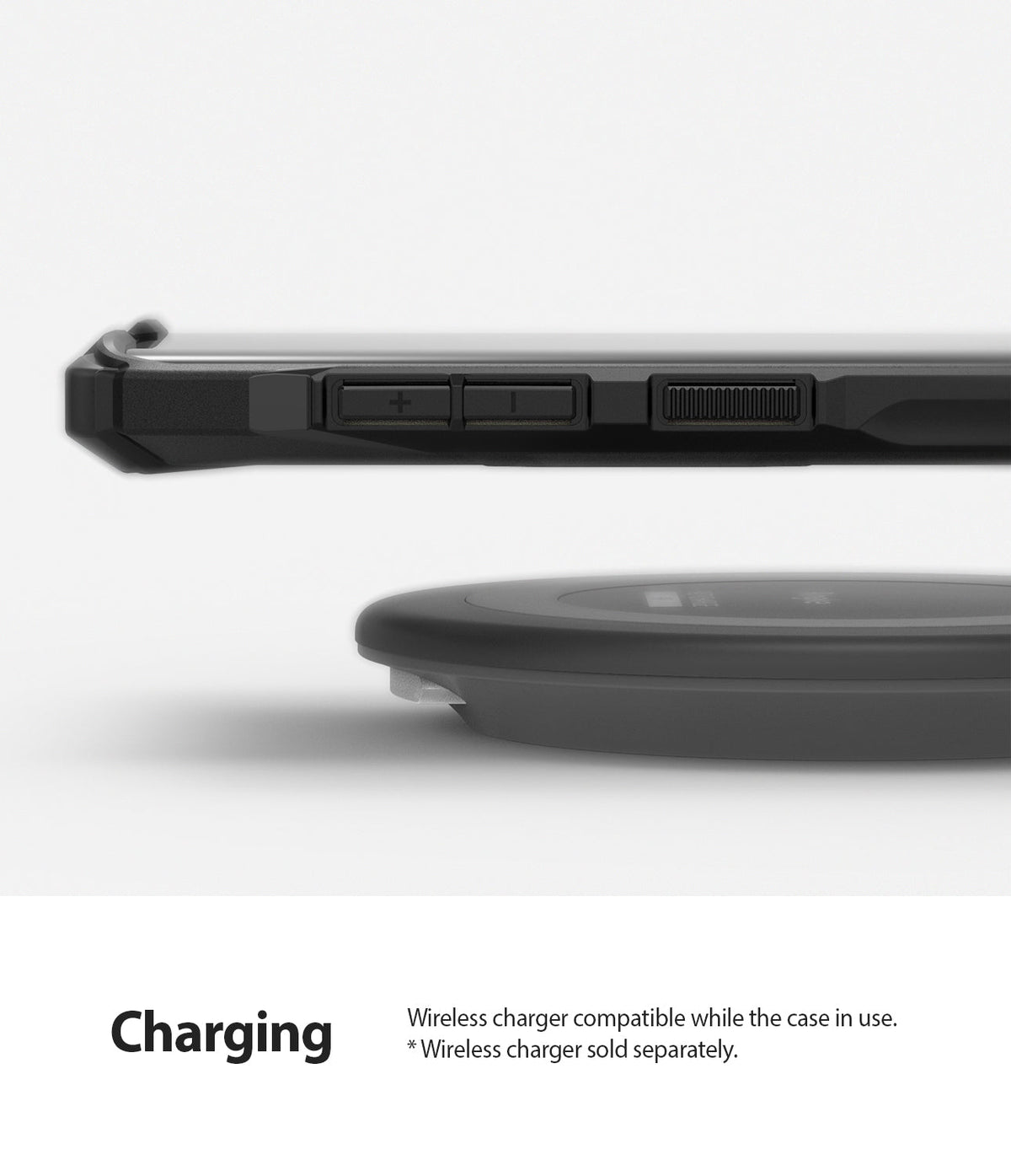 Galaxy Note 10 Case | Fusion-X - Side view of a phone in a black case hovering above a wireless charging pad.