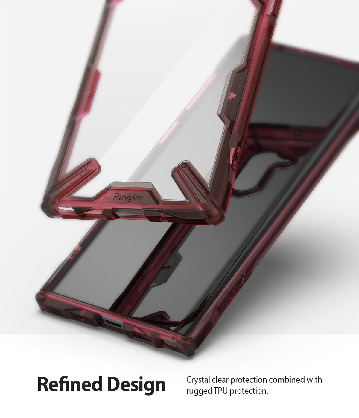 Galaxy Note 10 Case | Fusion-X - Ruby red transparent phone case with rugged bumper edges shown from two angles.