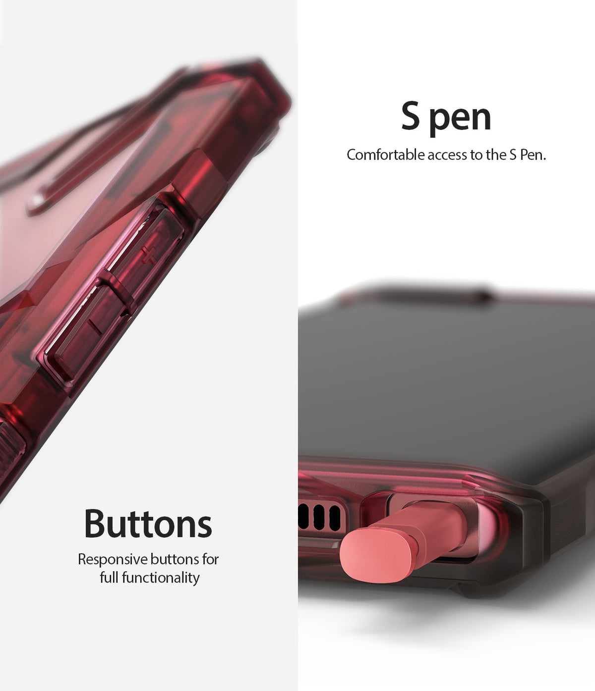 Galaxy Note 10 Case | Fusion-X - Ruby red phone case showing responsive side buttons and easy access to the S Pen.