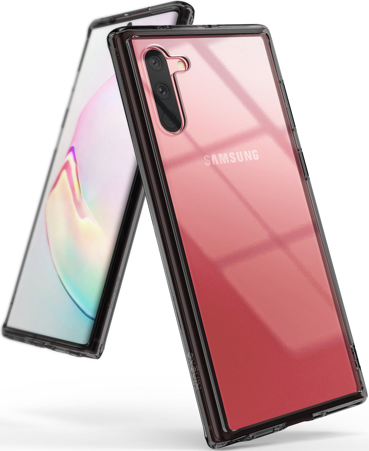 Galaxy Note 10 Case | Fusion - A clear, smoke-black protective case on a pink Samsung Galaxy Note 10 smartphone.