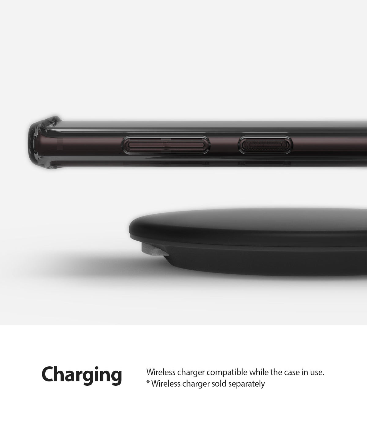 Galaxy Note 10 Case | Fusion - Side view of a smartphone in a smoke black case hovering above a wireless charging pad.