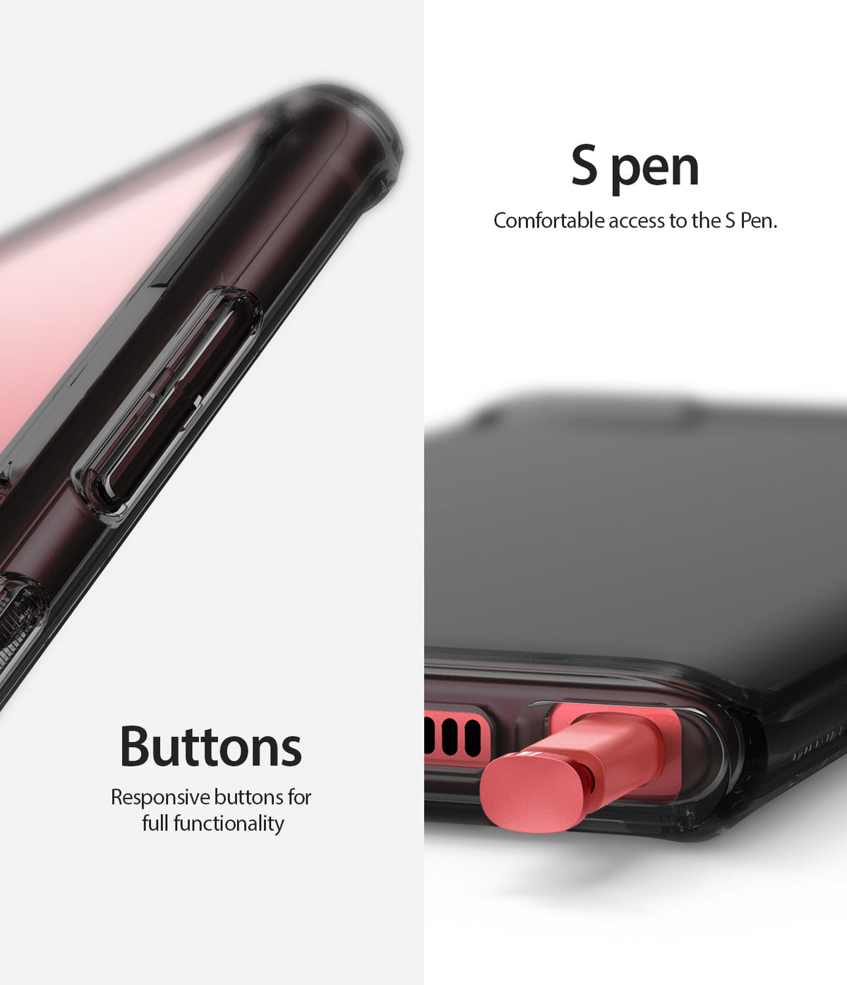 Galaxy Note 10 Case | Fusion - Close-up of responsive side buttons and easy access to the red S Pen on a smoke black case.
