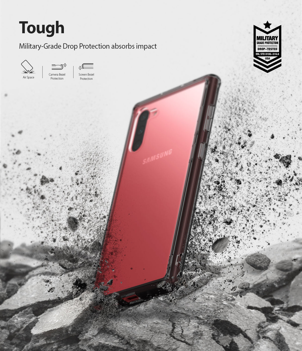 Galaxy Note 10 Case | Fusion - Red phone in a clear protective case surrounded by flying debris and military-grade icons.