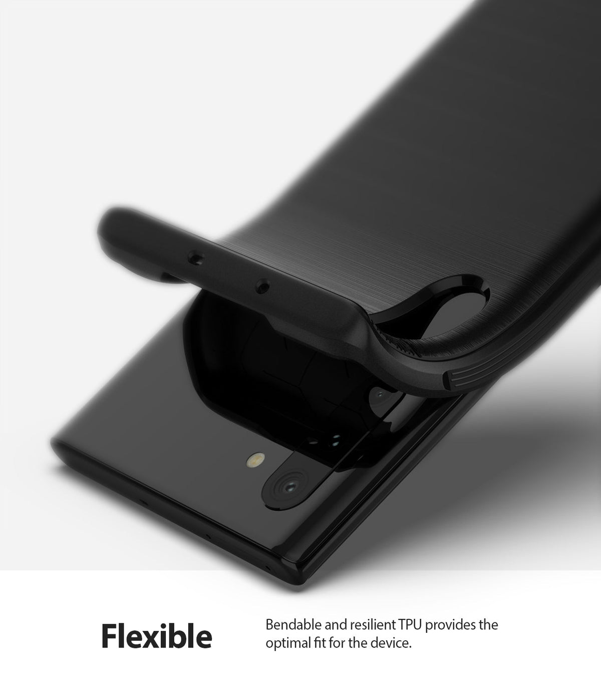 Galaxy Note 10 Case | Onyx - Black - A flexible black TPU phone case being lifted off a Galaxy Note 10 smartphone.