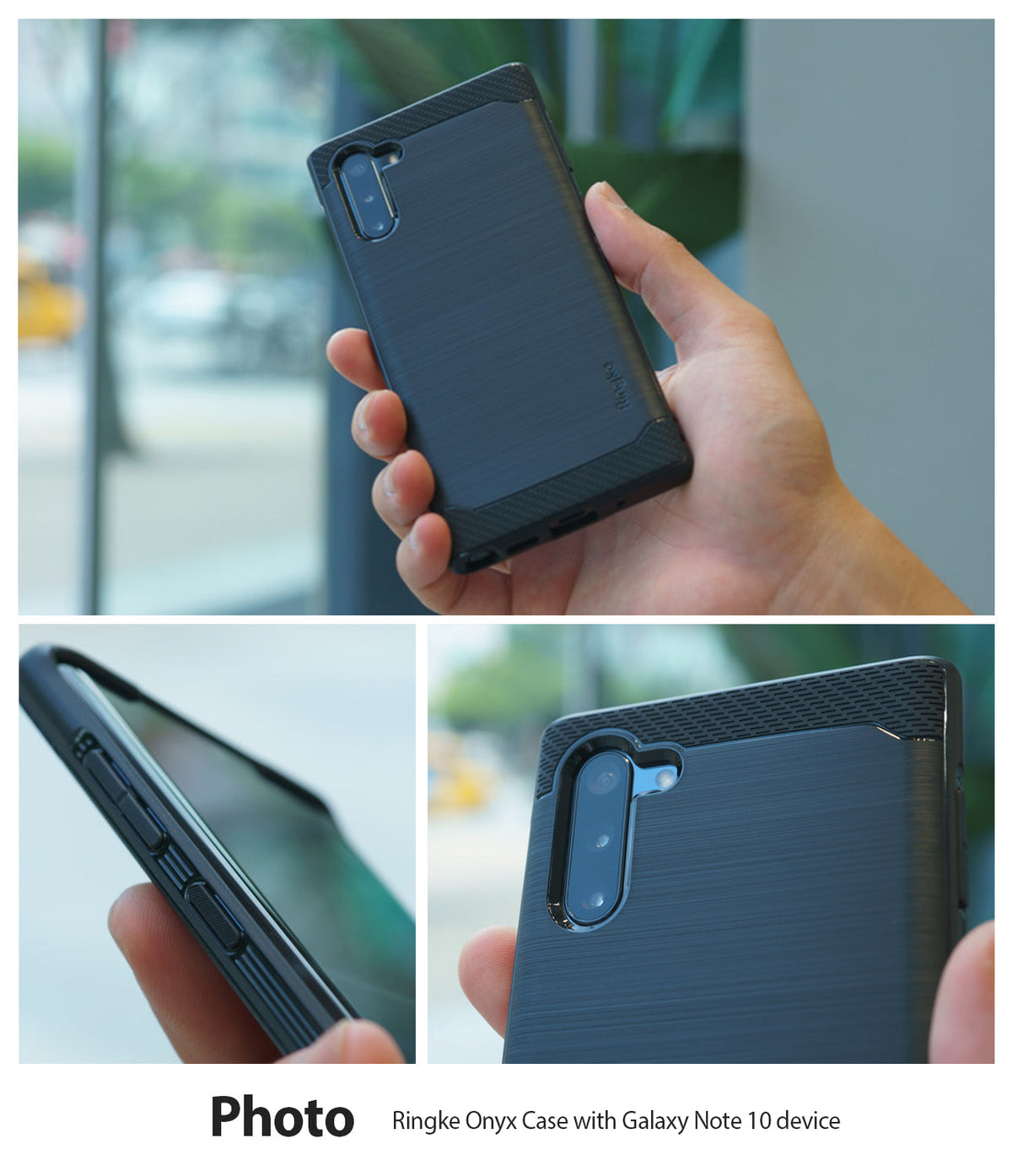Galaxy Note 10 Case | Onyx - Black - Hand holding a black brushed-metal textured phone case with carbon fiber accents.