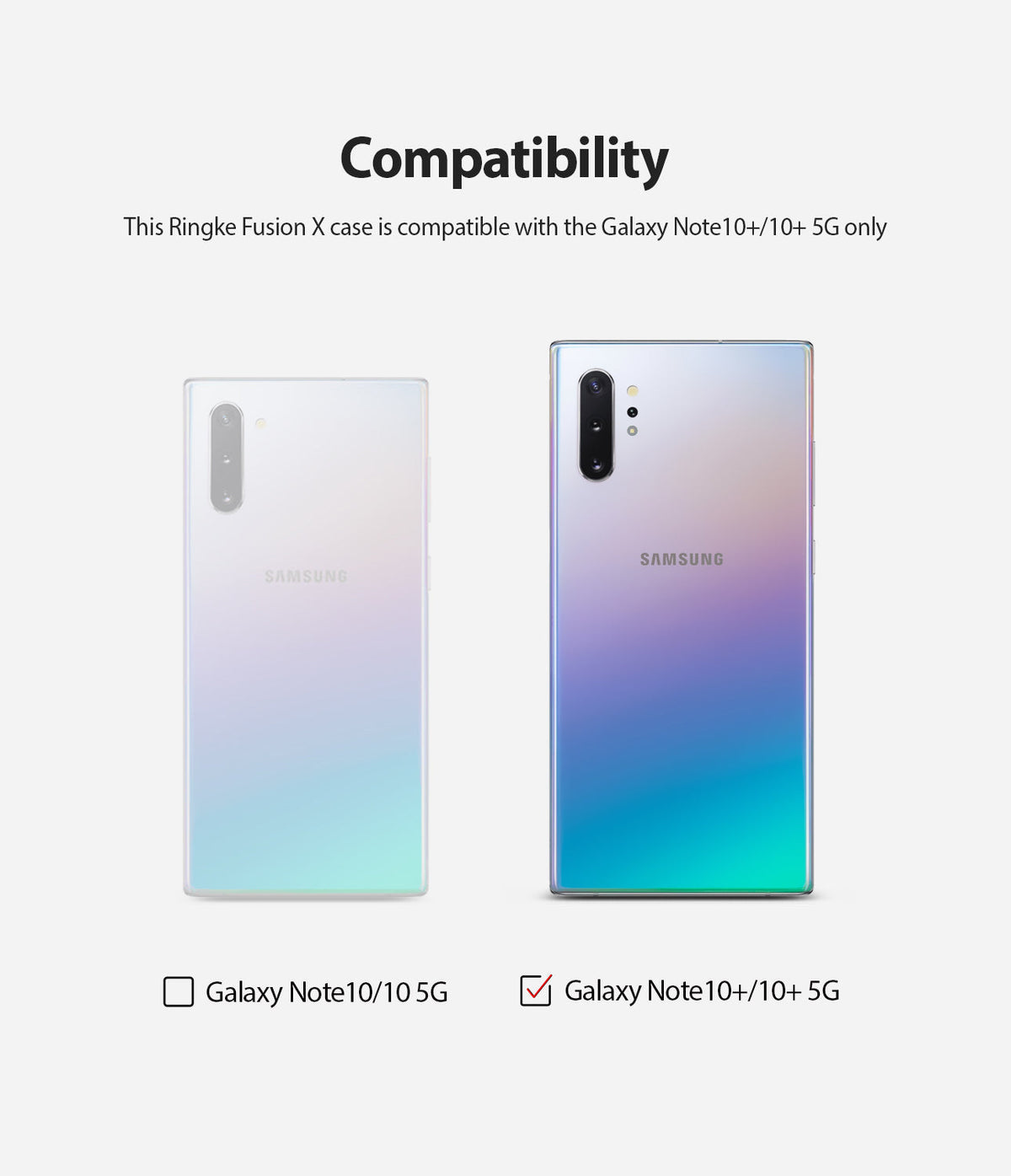 Galaxy Note 10 Case | Fusion-X - Compatibility chart showing Galaxy Note 10 and 10+ phones with a checkmark for the 10+ model.