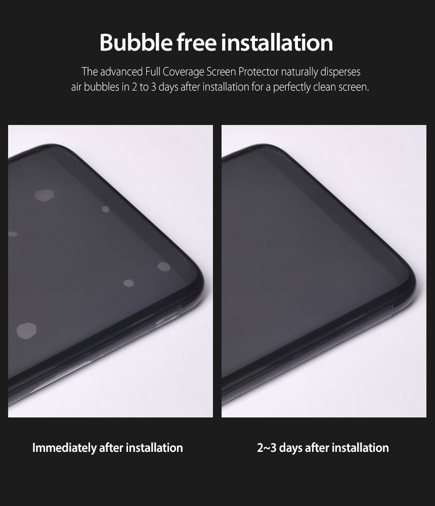 Galaxy Note 8 Screen Protector | Full Cover (2P) - Galaxy Note 8 Screen Protector - Comparison showing air bubbles disappearing from a phone screen 3 days after installation.