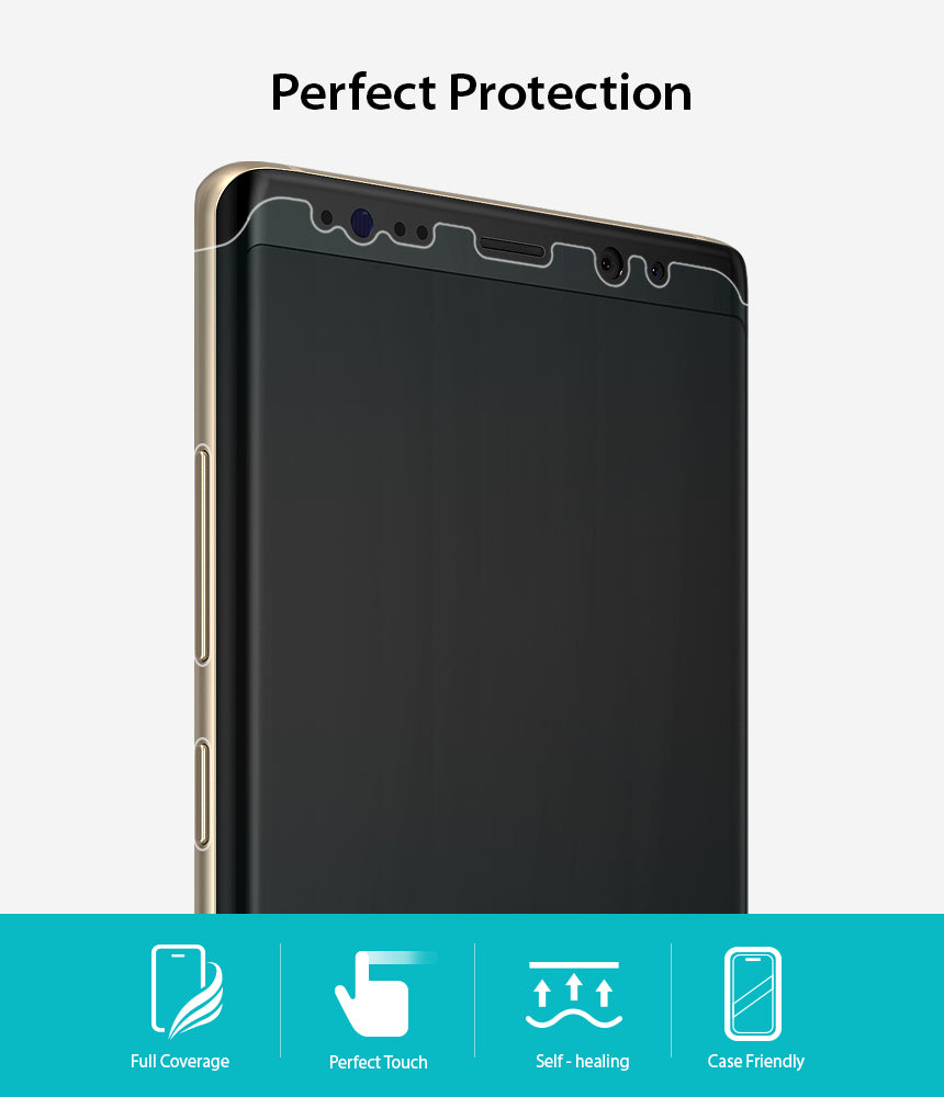 Galaxy Note 8 Screen Protector | Full Cover (2P) - Galaxy Note 8 Screen Protector - Close-up of a smartphone with a full-coverage screen protector and four feature icons.