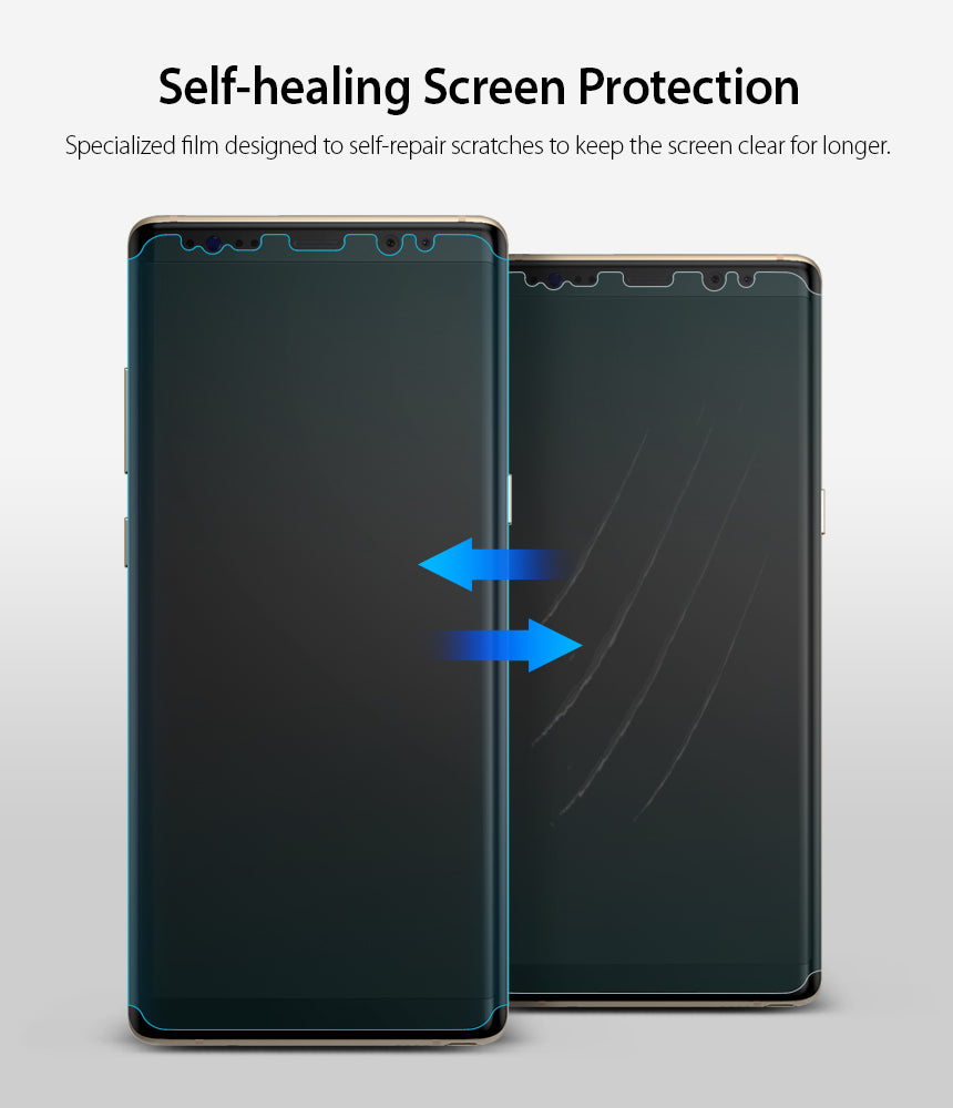 Galaxy Note 8 Screen Protector | Full Cover (2P) - Two smartphones showing self-healing film repairing surface scratches.