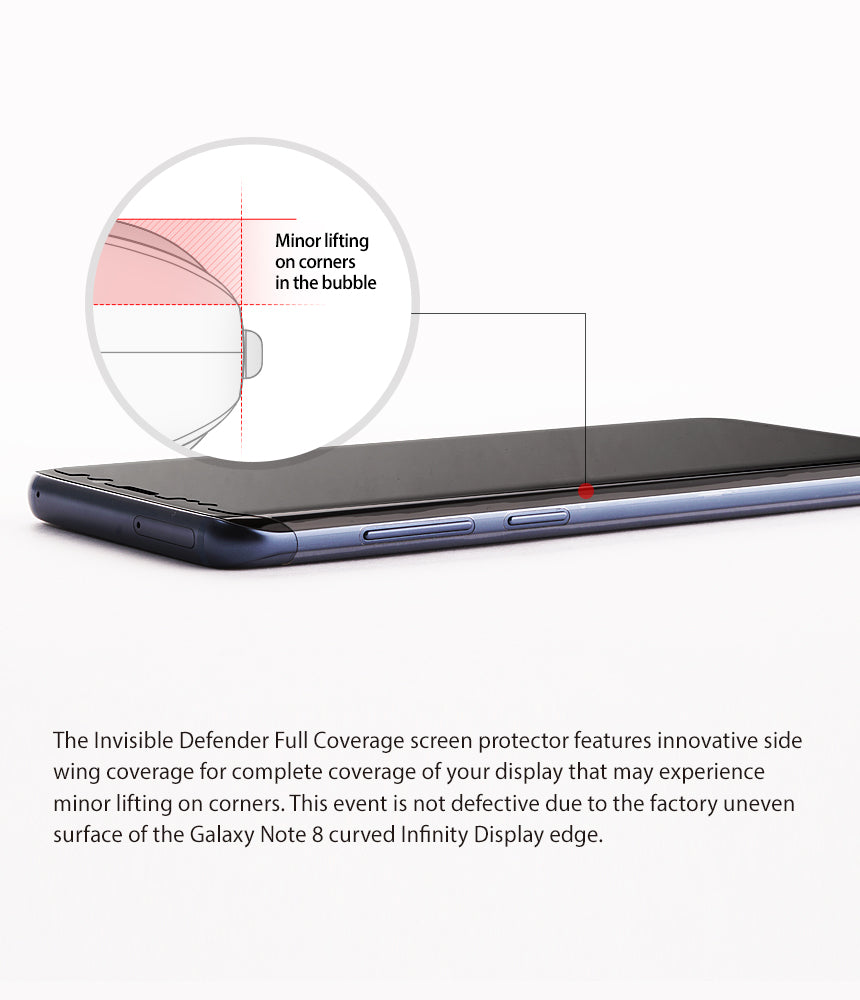 Galaxy Note 8 Screen Protector | Full Cover (2P) - Close-up of a smartphone screen showing potential corner lifting.
