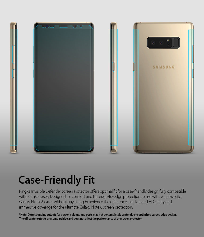Galaxy Note 8 Screen Protector | Full Cover (2P) - Front, back, and side views of a gold Galaxy Note 8 with screen film.