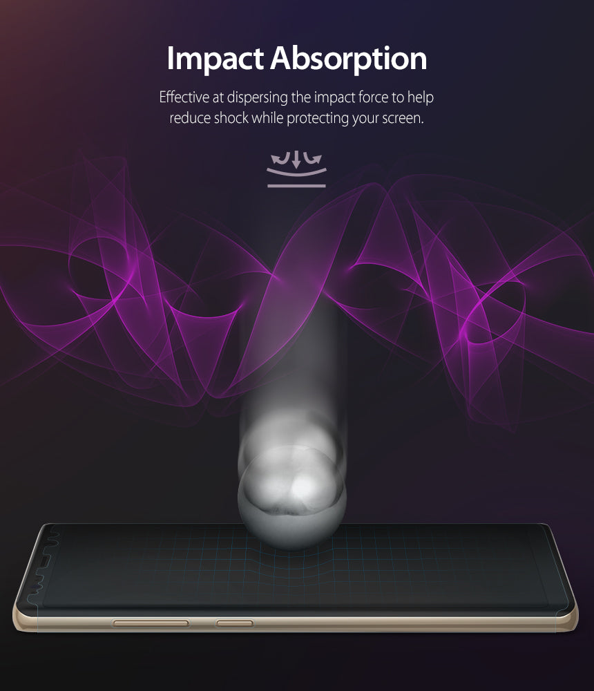 Galaxy Note 8 Screen Protector | Full Cover (2P) - Galaxy Note 8 Screen Protector - A glowing object impacts a smartphone screen, showing shock dispersion with purple waves.