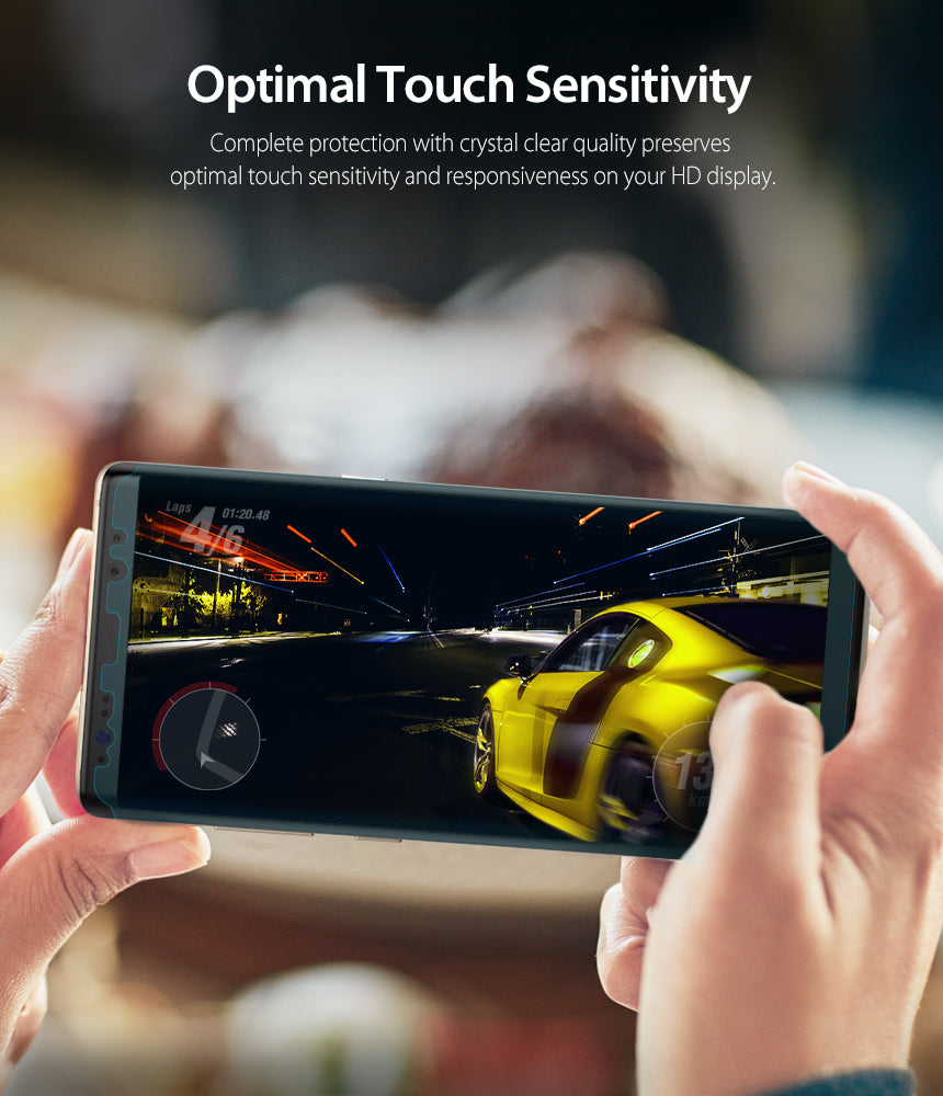 Galaxy Note 8 Screen Protector | Full Cover (2P) - Galaxy Note 8 Screen Protector - Hands holding a phone displaying a racing game to demonstrate touch sensitivity.