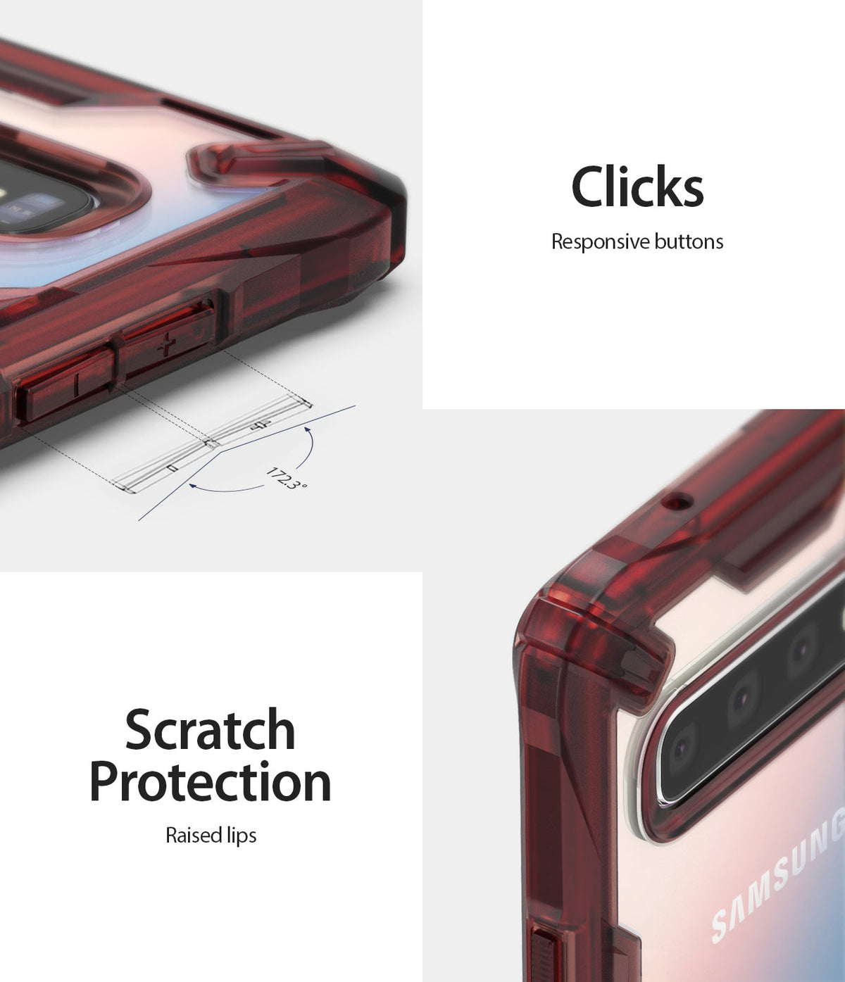 Galaxy S10 5G Case | Fusion-X - Ruby red phone case showing responsive buttons and raised lips for scratch protection.