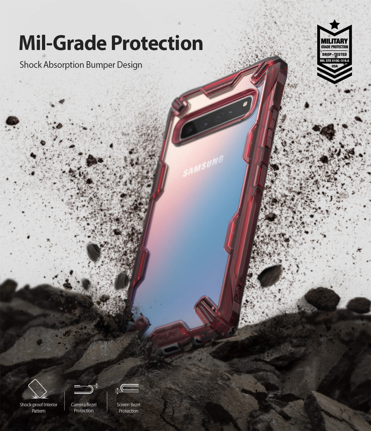 Galaxy S10 5G Case | Fusion-X - Ruby red phone case on a Samsung Galaxy S10 5G surrounded by exploding dirt and debris.