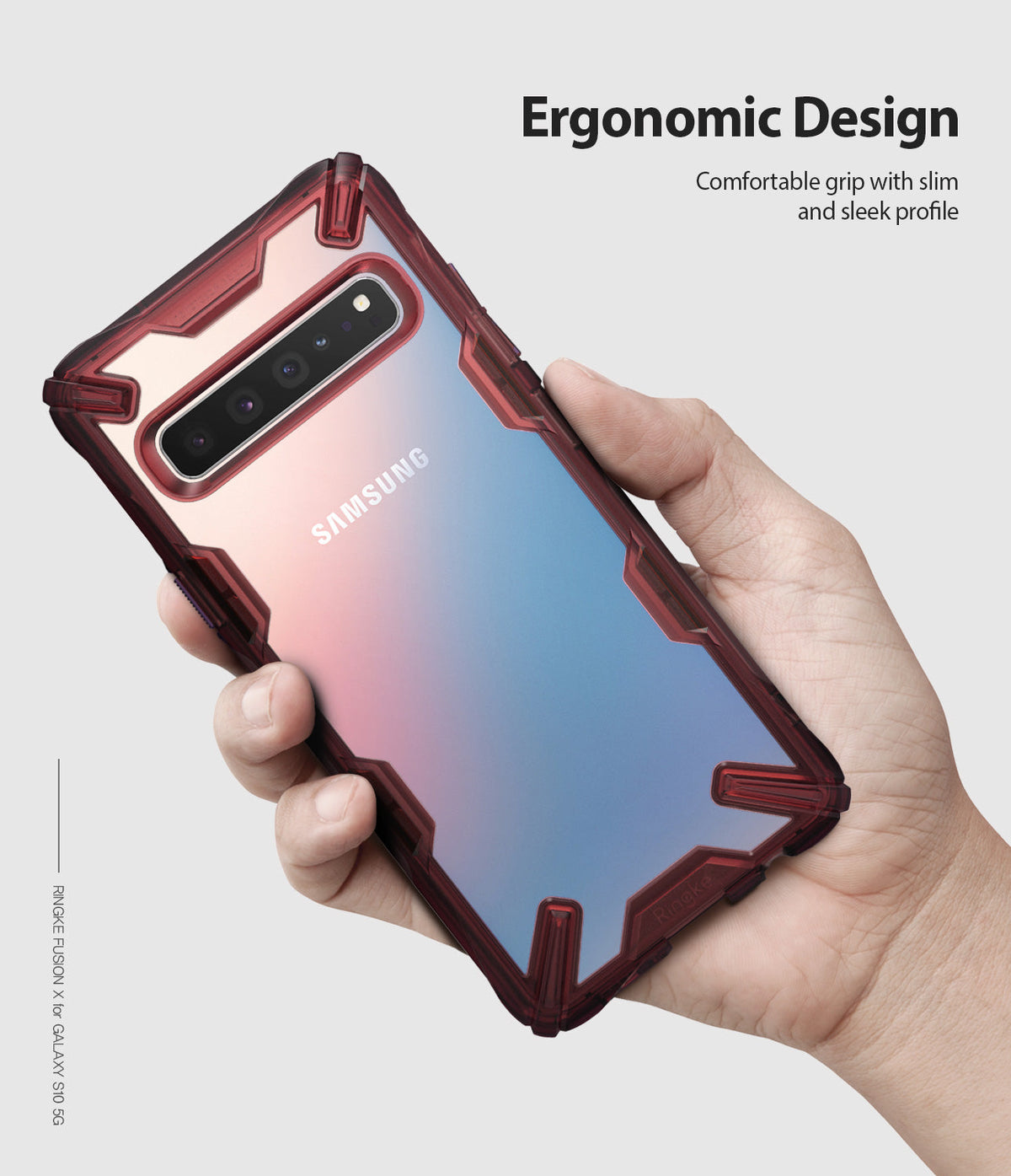 Galaxy S10 5G Case | Fusion-X - Hand holding a Samsung Galaxy S10 5G with a ruby red, rugged, transparent protective case.