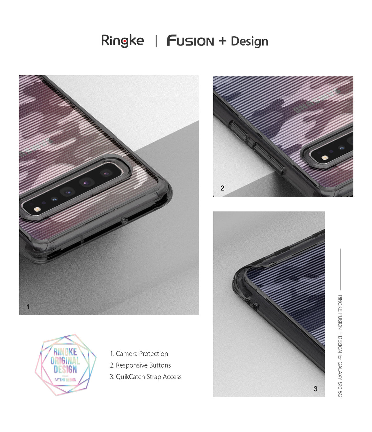 Galaxy S10 5G Case | Fusion - Three close-up views of a camo-patterned phone case highlighting camera and button design.