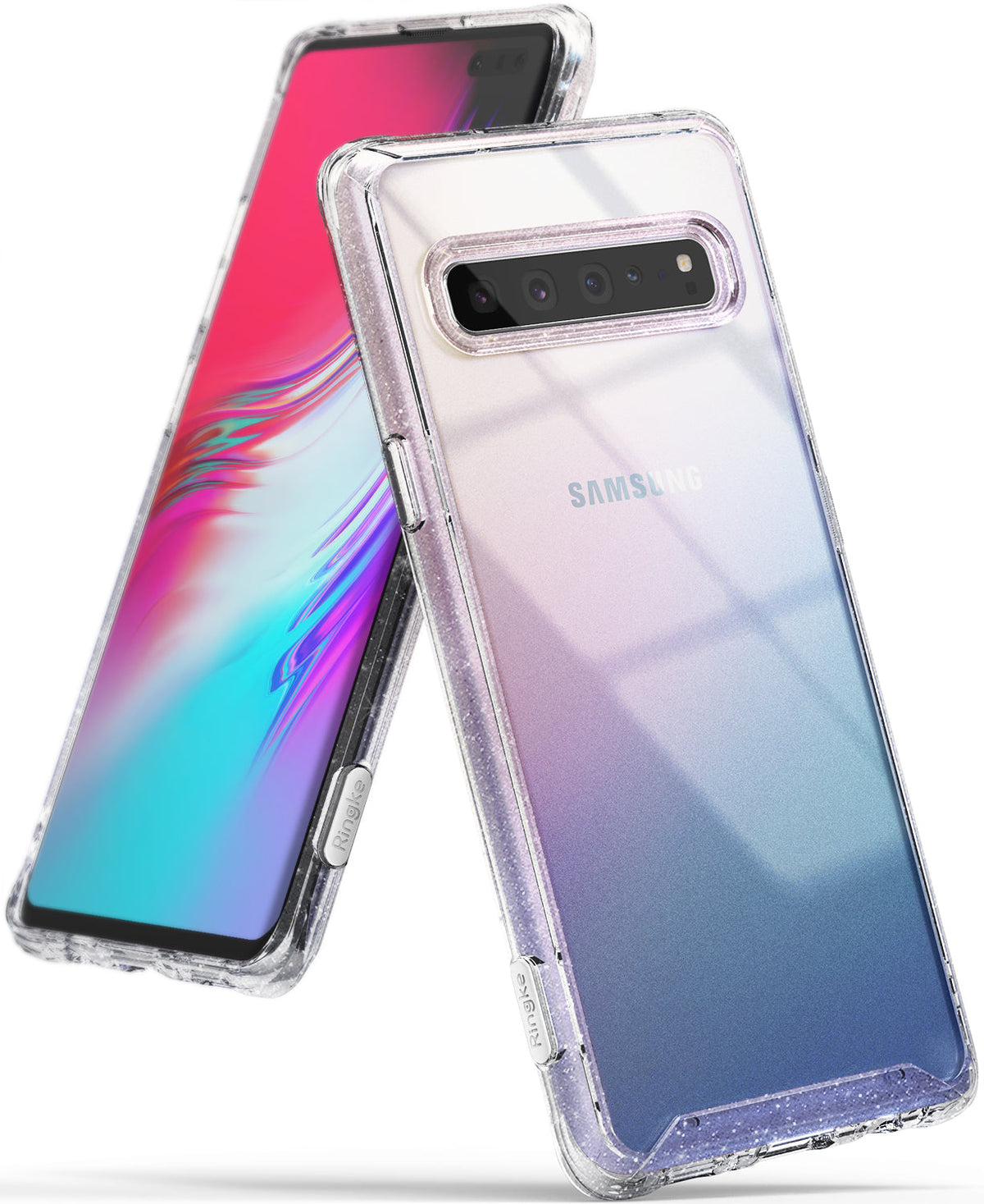 Galaxy S10 5G Case | Fusion - Clear glitter phone case on a Samsung Galaxy S10 5G with a purple and blue gradient back.