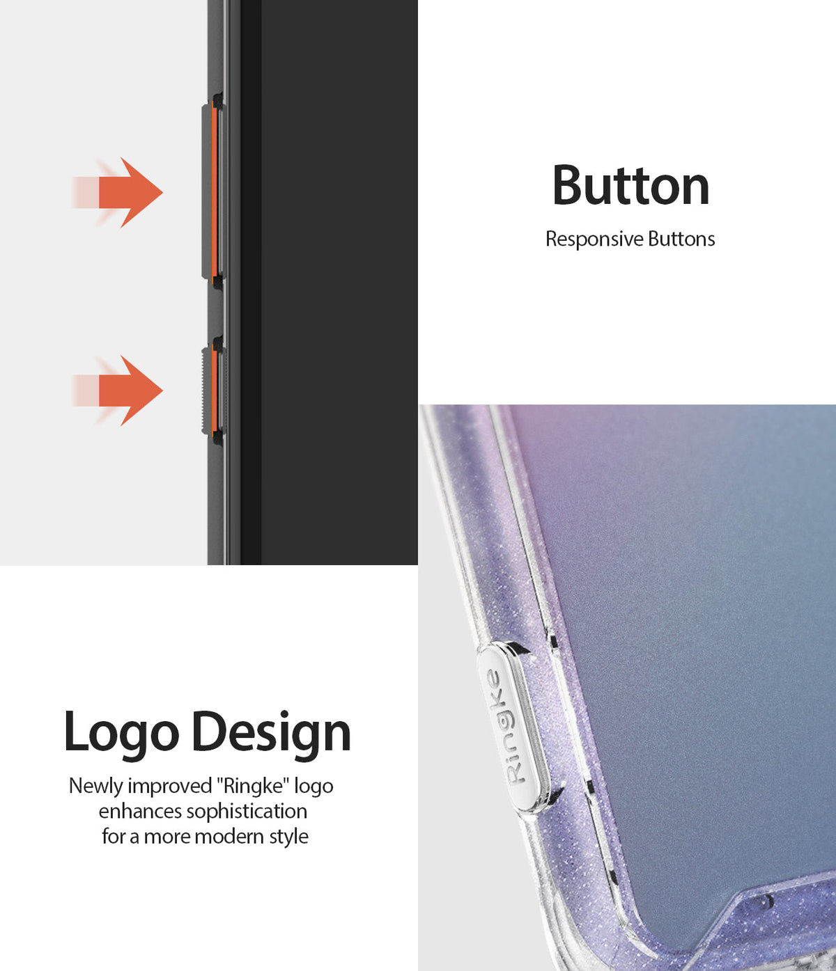 Galaxy S10 5G Case | Fusion - Close-up of responsive phone buttons and the Ringke logo on a glittery, clear protective case.