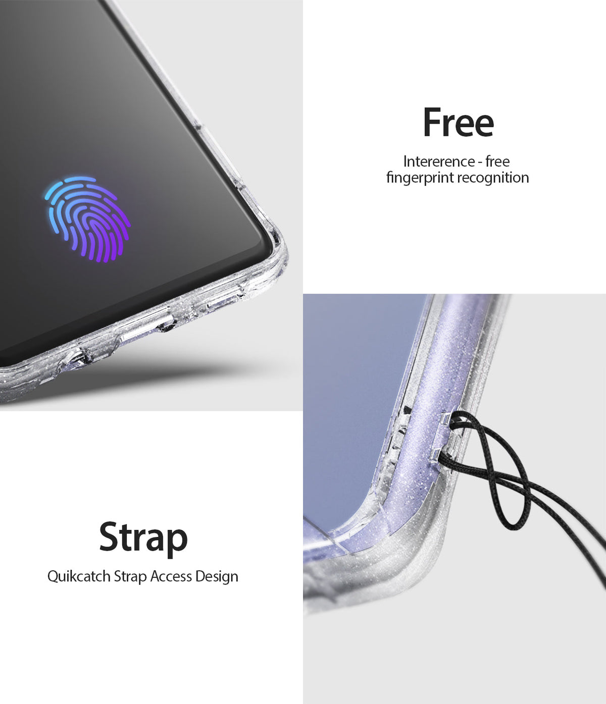 Galaxy S10 5G Case | Fusion - Clear glitter phone case showing fingerprint sensor compatibility and a lanyard strap hole.