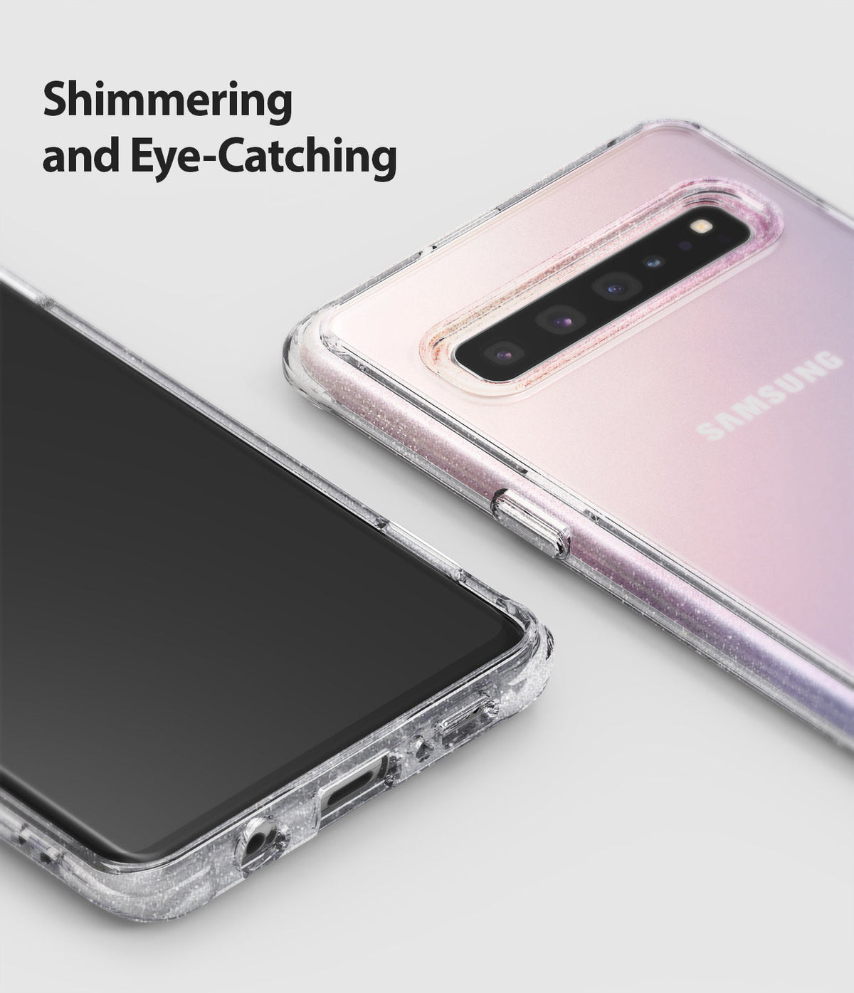 Galaxy S10 5G Case | Fusion - Clear glitter phone case on a pink gradient Samsung Galaxy S10 5G against a white background.