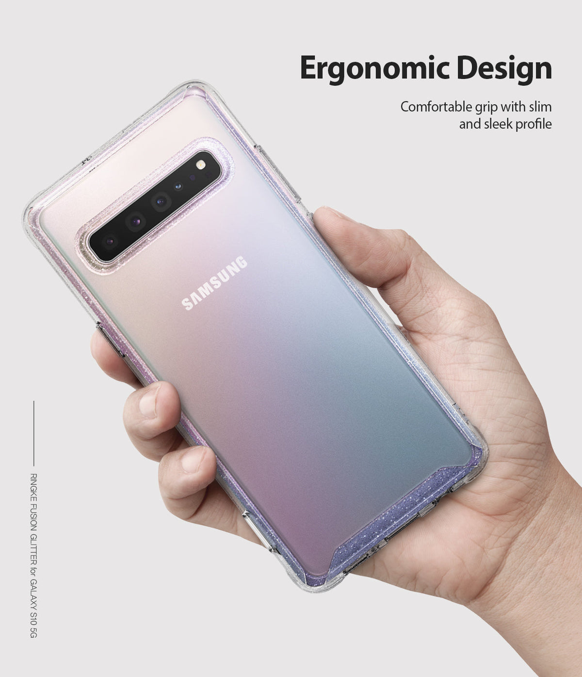 Galaxy S10 5G Case | Fusion - Hand holding a Samsung Galaxy S10 5G with a clear, glittery protective phone case.