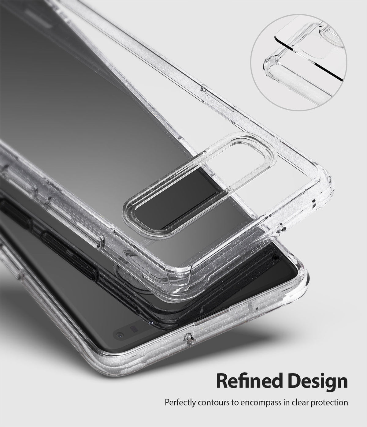 Galaxy S10 5G Case | Fusion - Clear glitter phone case hovering over a Galaxy S10 5G, showing a close-up of the camera cutout.