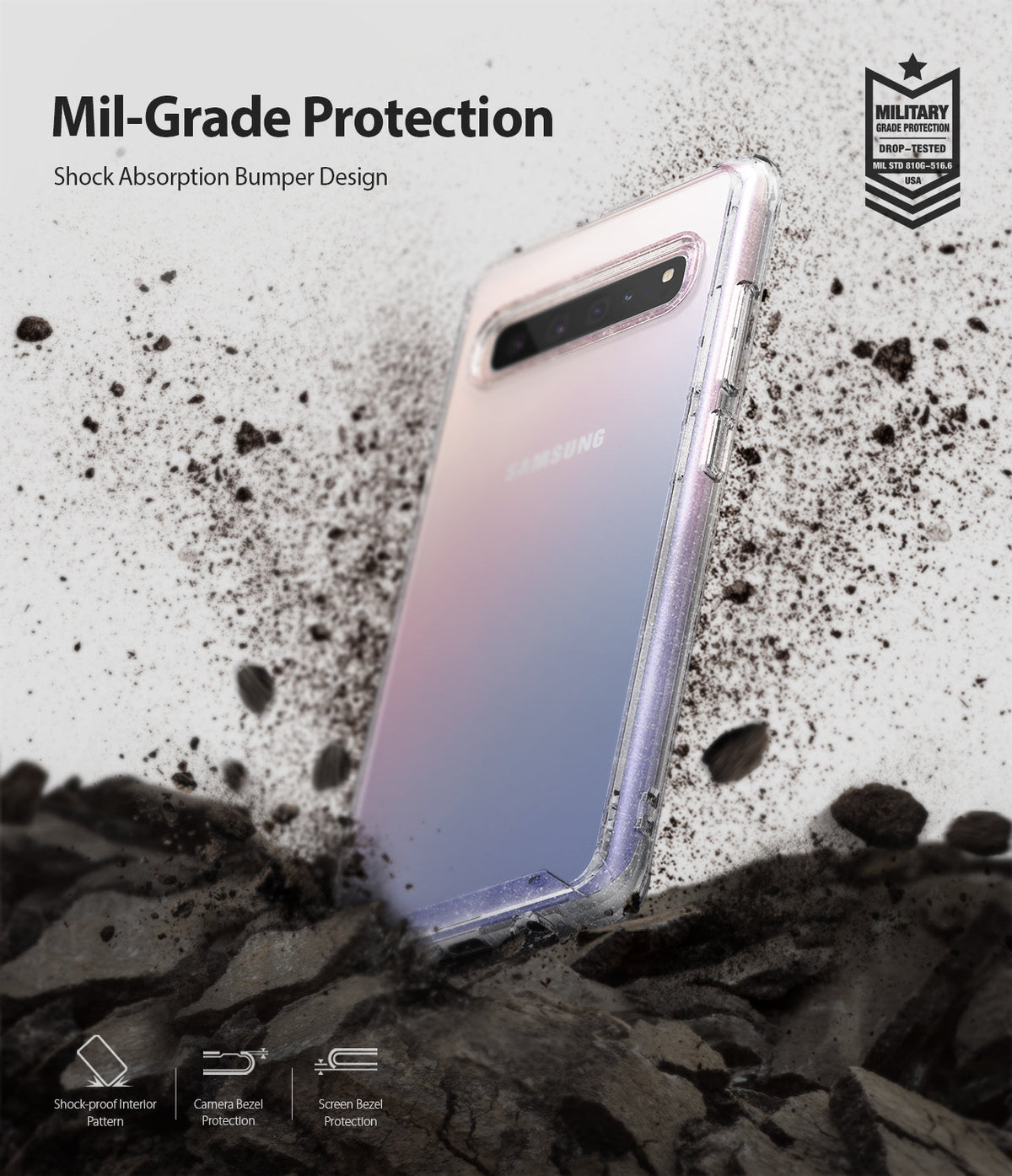 Galaxy S10 5G Case | Fusion - Glitter phone case on a Samsung Galaxy S10 5G surrounded by flying dirt and debris.