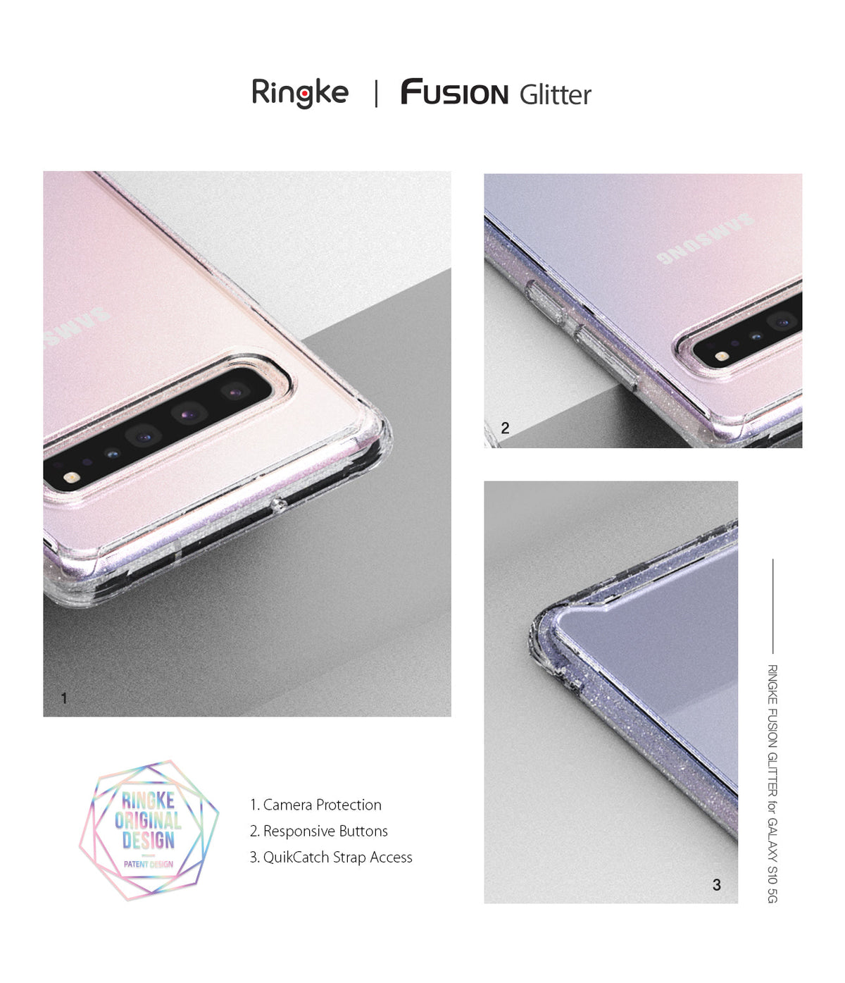 Galaxy S10 5G Case | Fusion - Close-up views of a clear glitter phone case highlighting camera, button, and strap features.